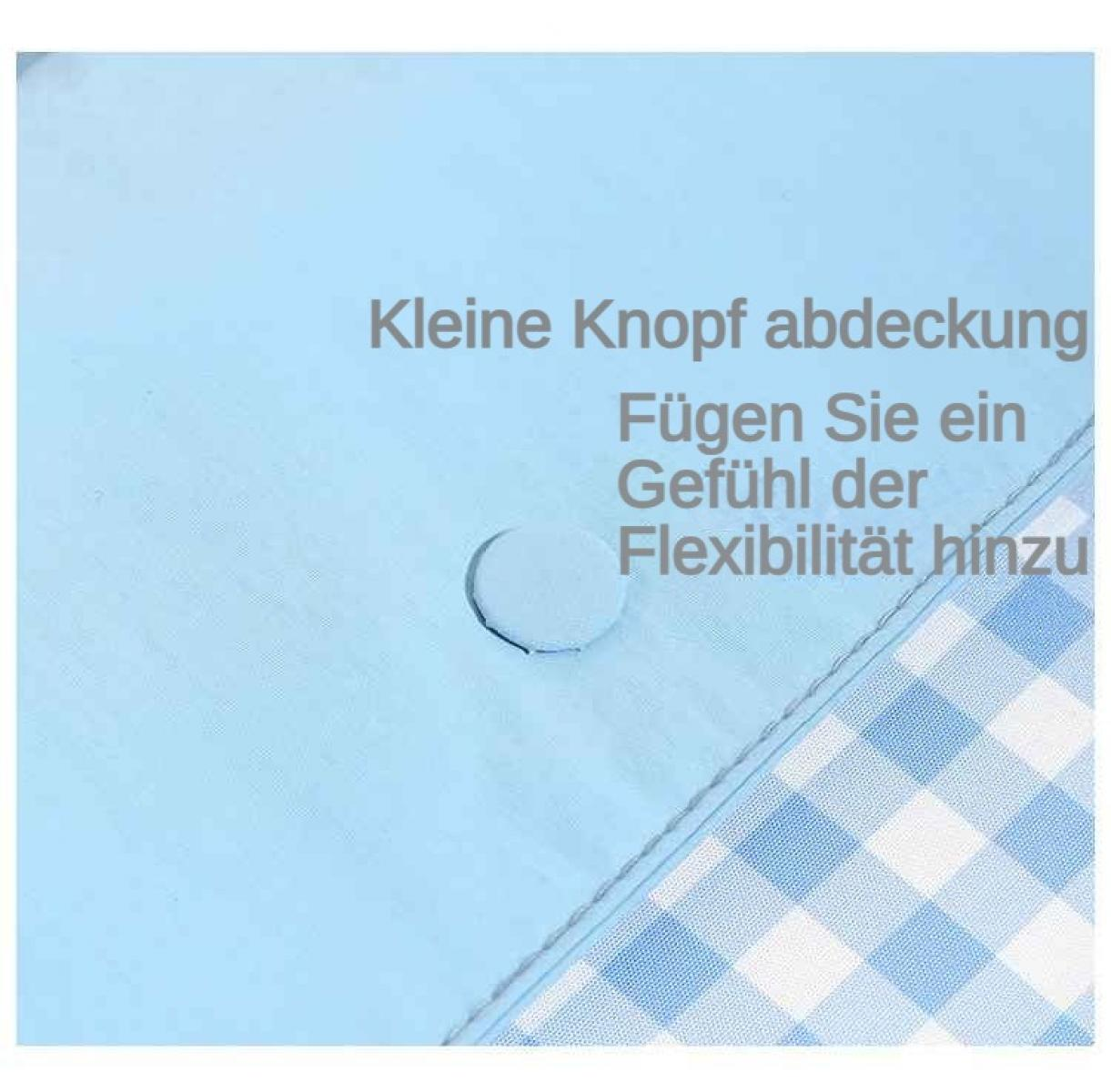 Hellblaues Gewebe mit Karo-Detail und Text.