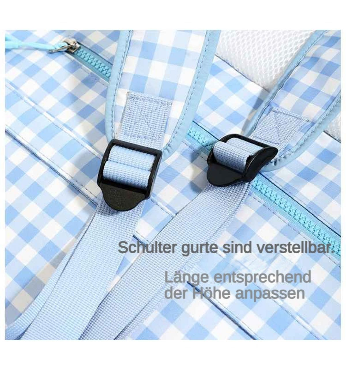 Blauer Karostoff mit Schultergurten und schwarzen Schnallen. Verstellbar.