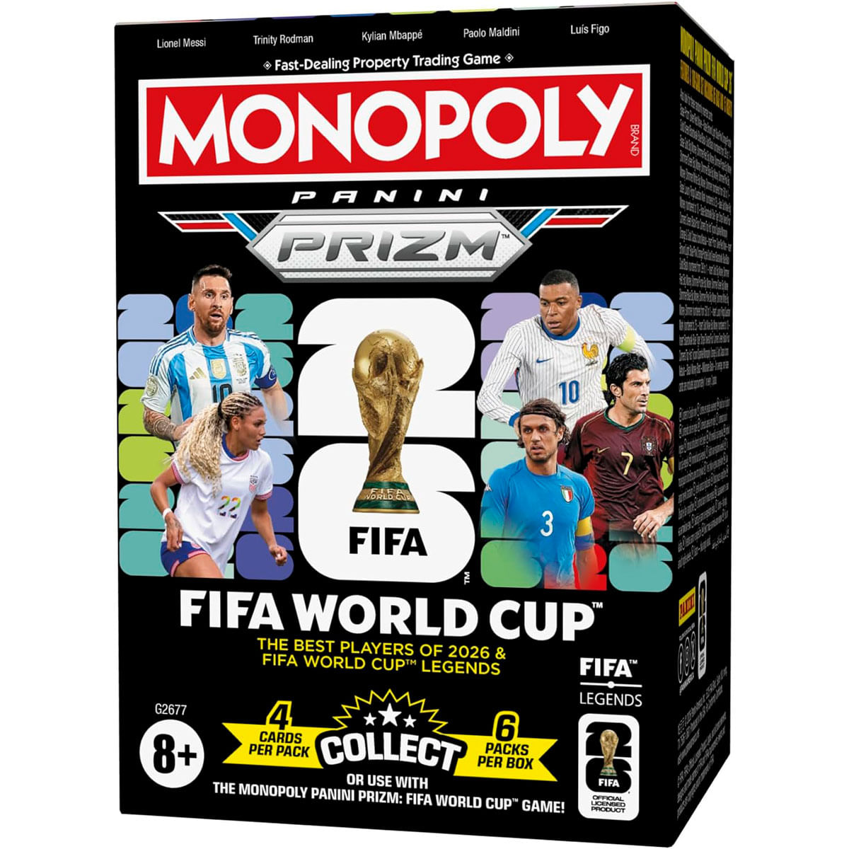 Scatola del gioco Monopoly Panini Prizm FIFA World Cup con Lionel Messi, Kylian Mbappé e trofeo.