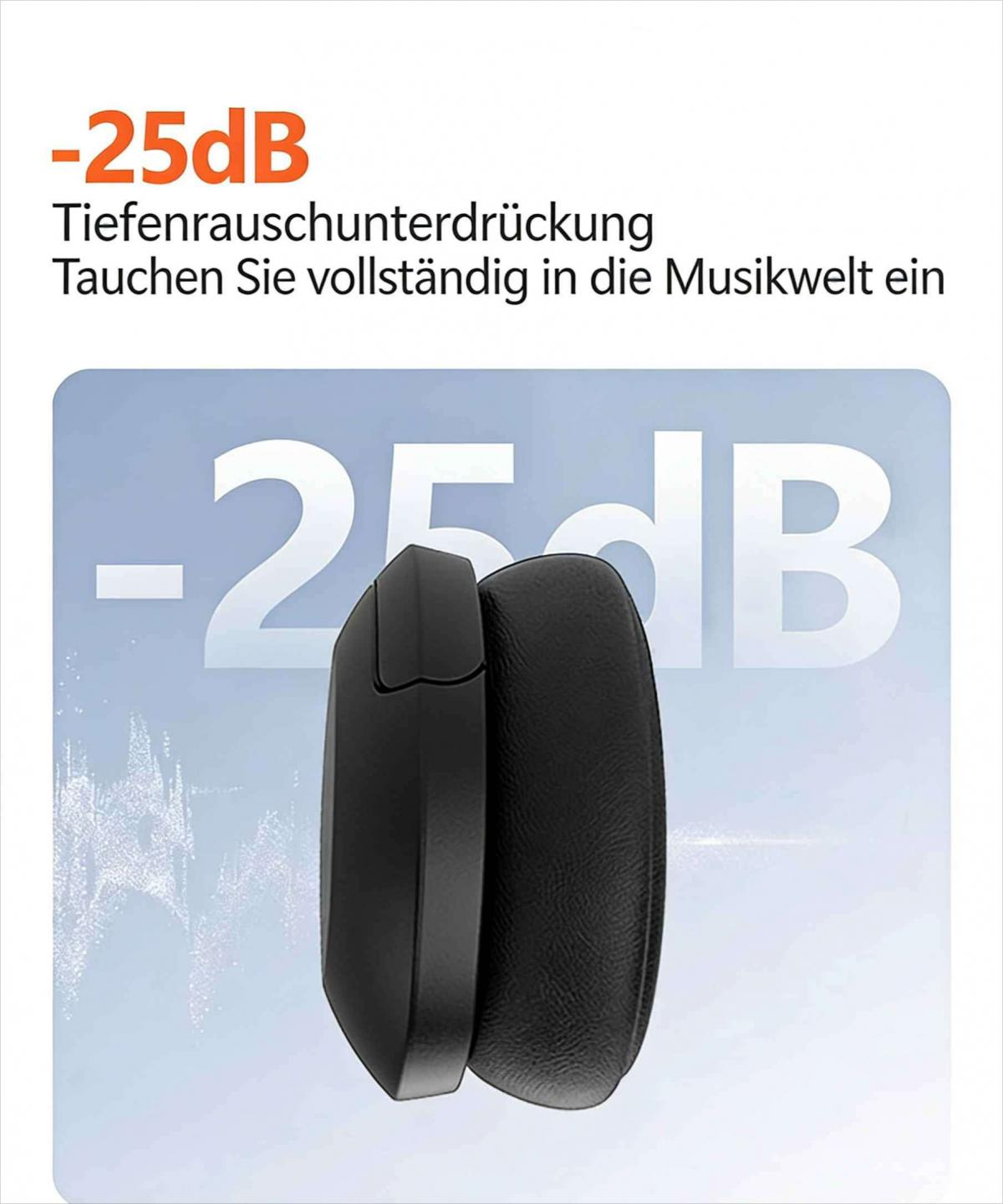 Schwarze Kopfhörer mit "-25dB"-Schriftzug und Geräuschunterdrückung.