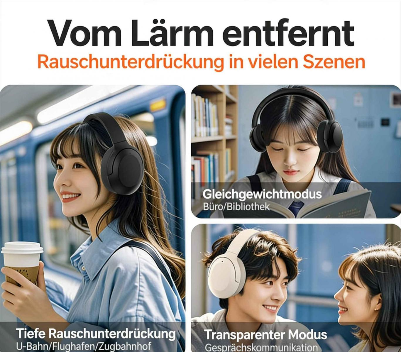 Kopfhörer in verschiedenen Szenarien: Zug, Bibliothek, Gespräch.