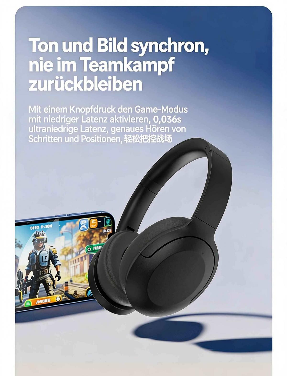 Schwarze Kopfhörer neben einem Smartphone mit einem Spiel.