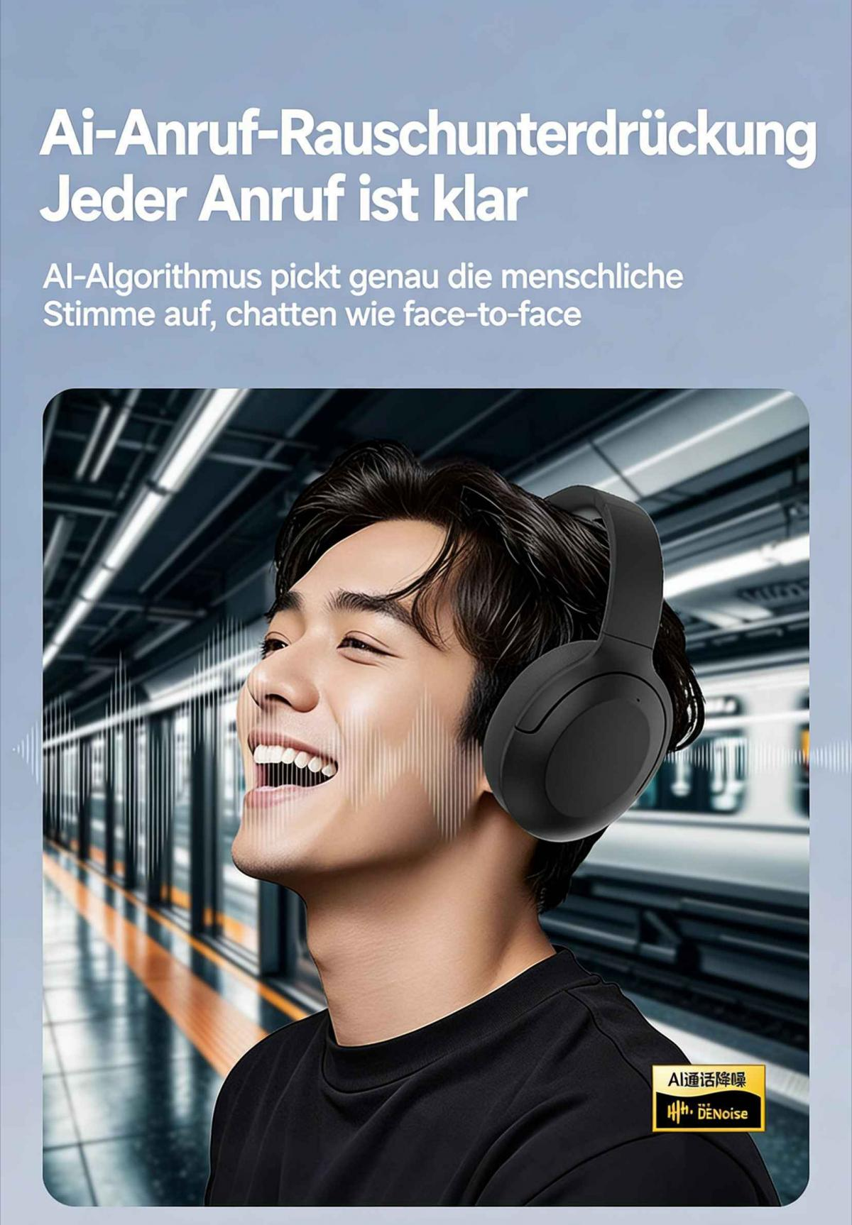 Mann mit schwarzen Kopfhörern im Zug, der mit klarer Stimme spricht.