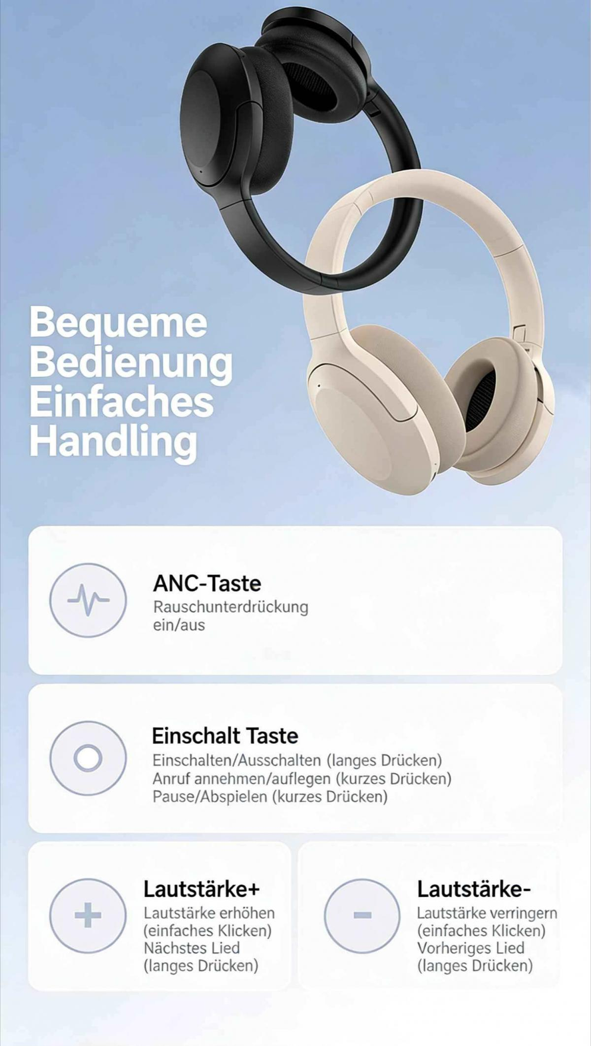 Zwei Kopfhörer, schwarz und beige, mit Steuerelementen für ANC, Ein/Aus, Lautstärke.