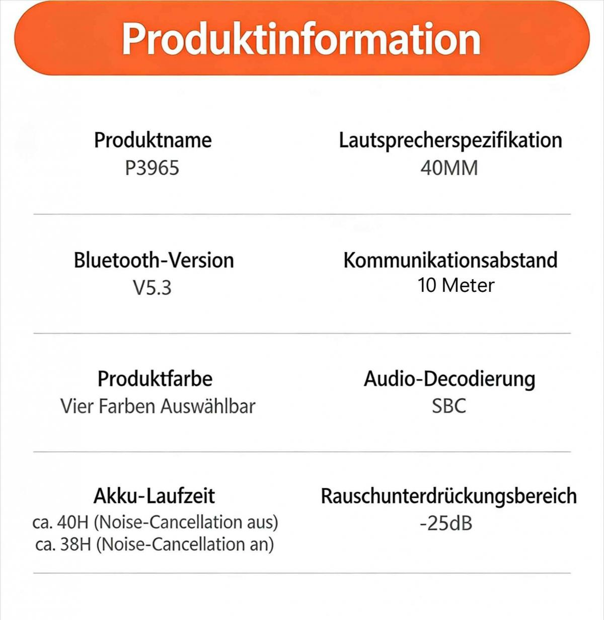 Produktinformationen: P3965, 40MM, V5.3, 10M, 4 Farben, SBC, 40/38H Akku, -25dB ANC.