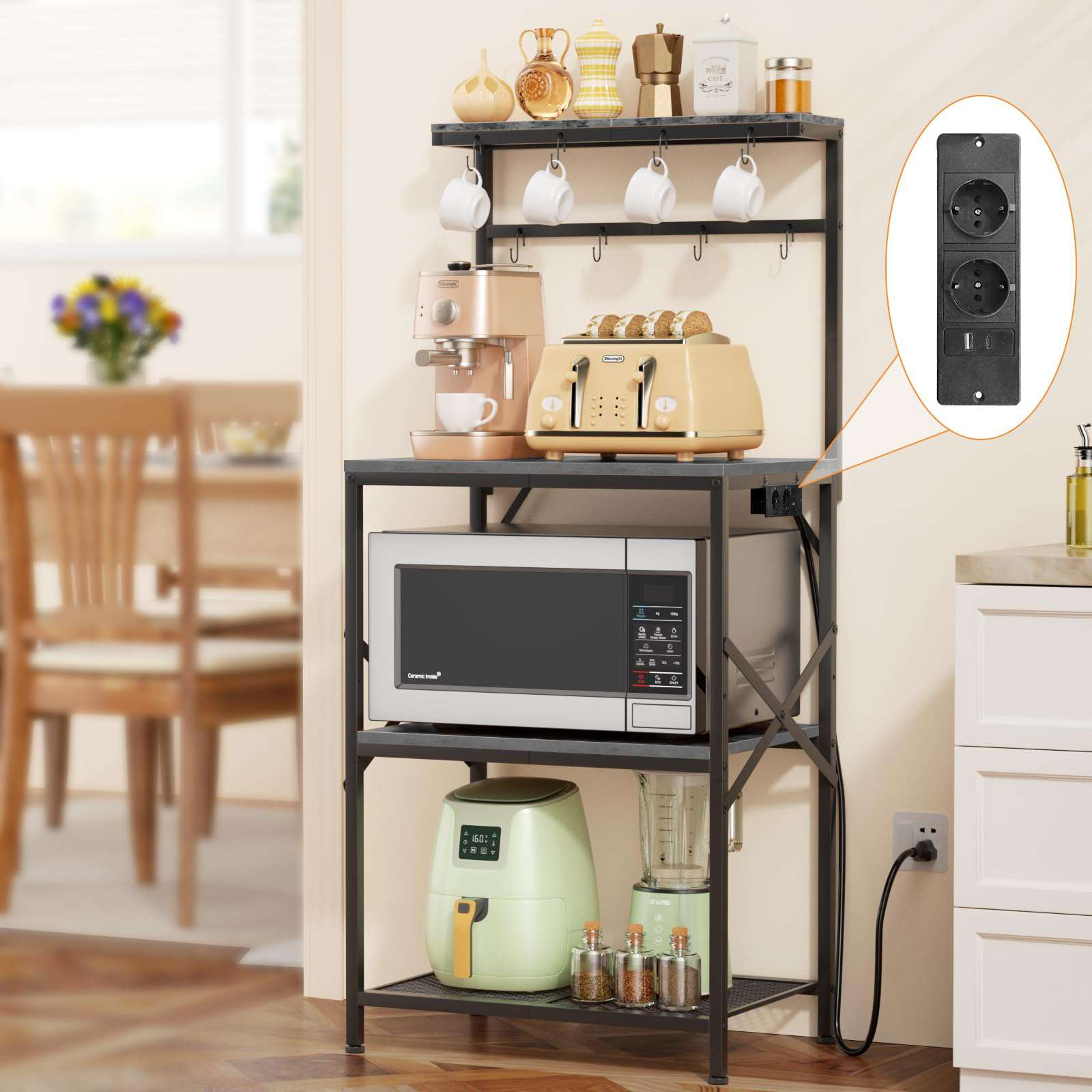 Küchenregal mit Mikrowelle, Toaster, Kaffeemaschine, Airfryer und Mixer.