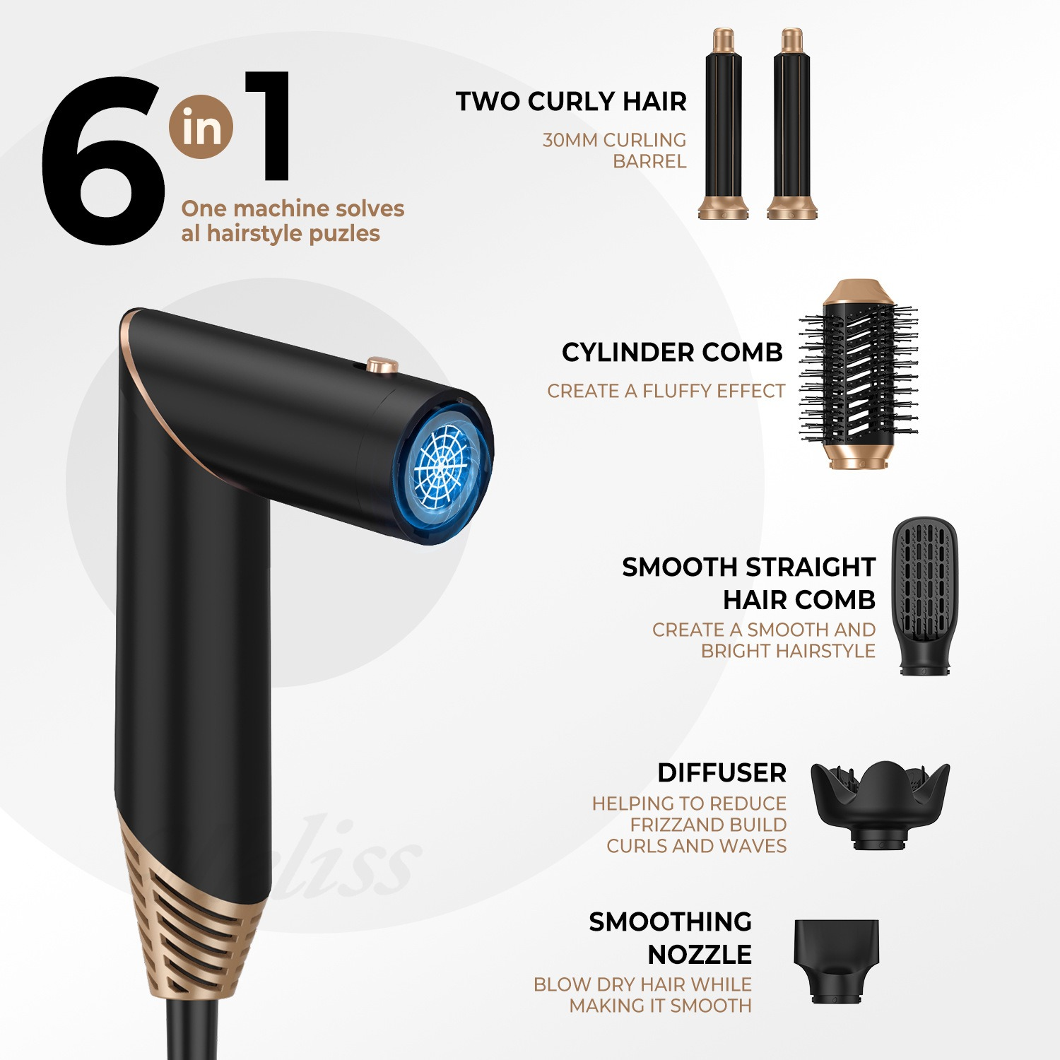 Asciugacapelli 6 in 1 con accessori: arricciacapelli, pettine, diffusore.