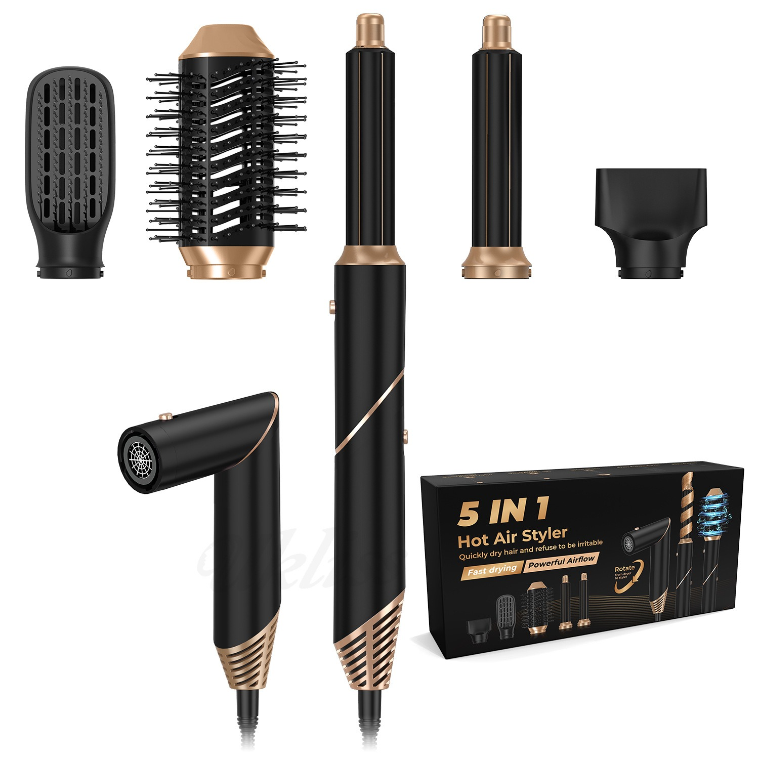 Un styler ad aria calda 5 in 1 nero con accenti dorati e accessori.