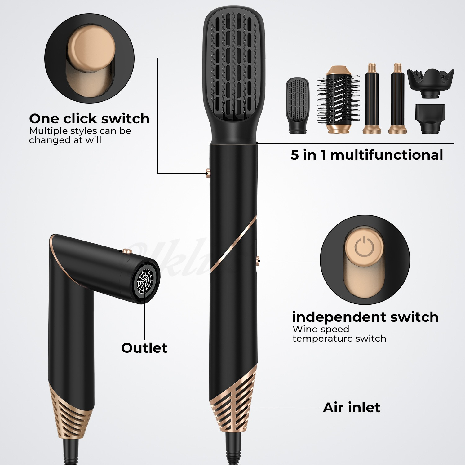 Un asciugacapelli multifunzione 5 in 1 nero e oro con accessori.