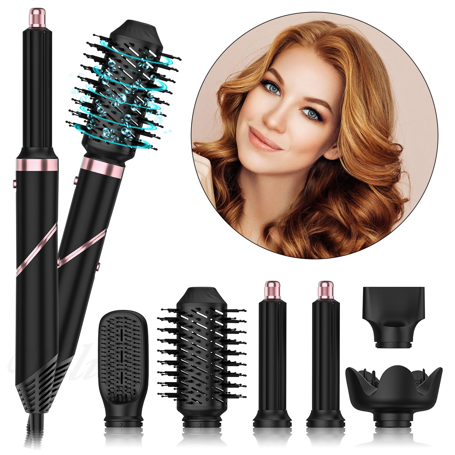 Set styling capelli con donna e accessori asciugacapelli nero/oro rosa.
