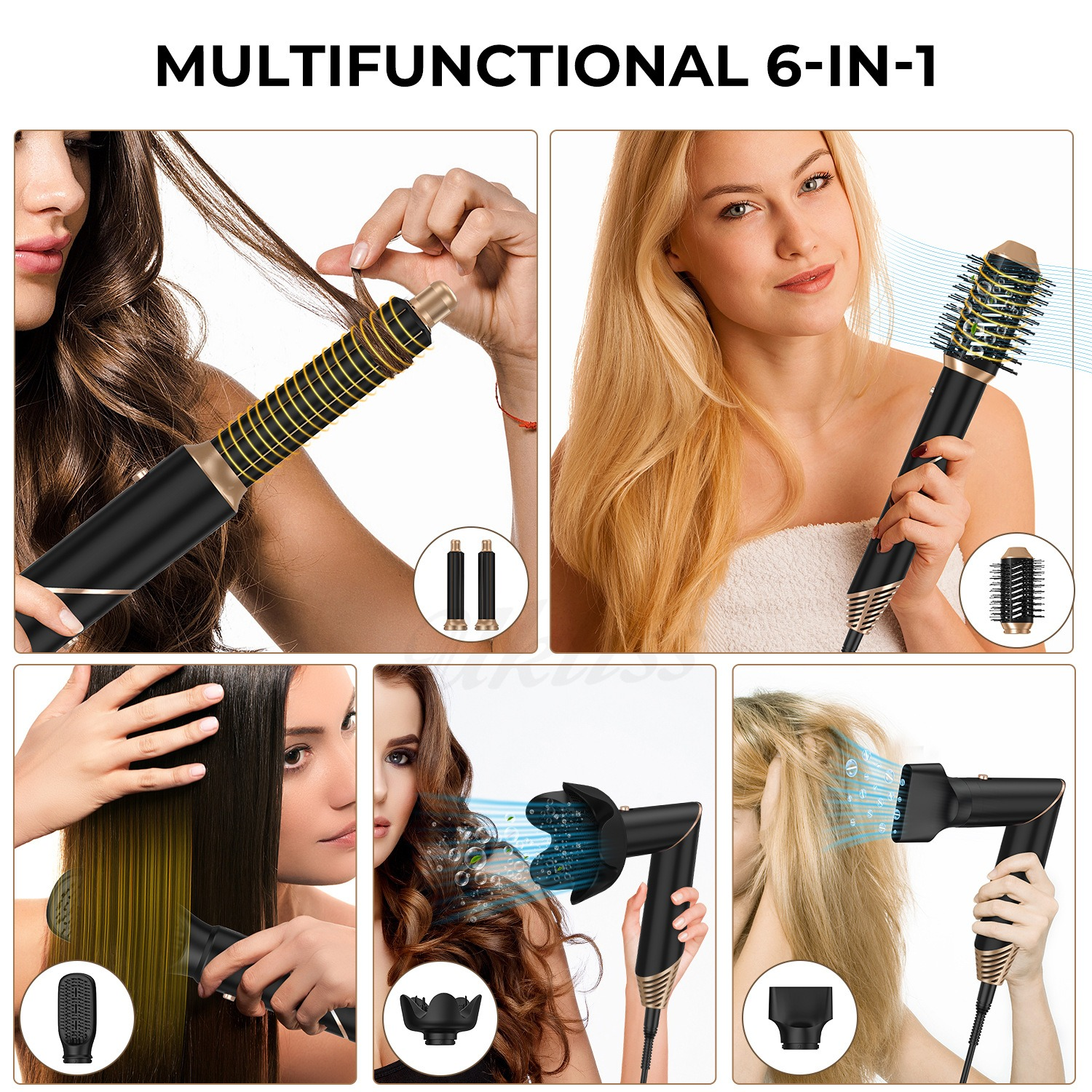 Collage di un styler per capelli multifunzione con vari accessori per asciugare e acconciare.