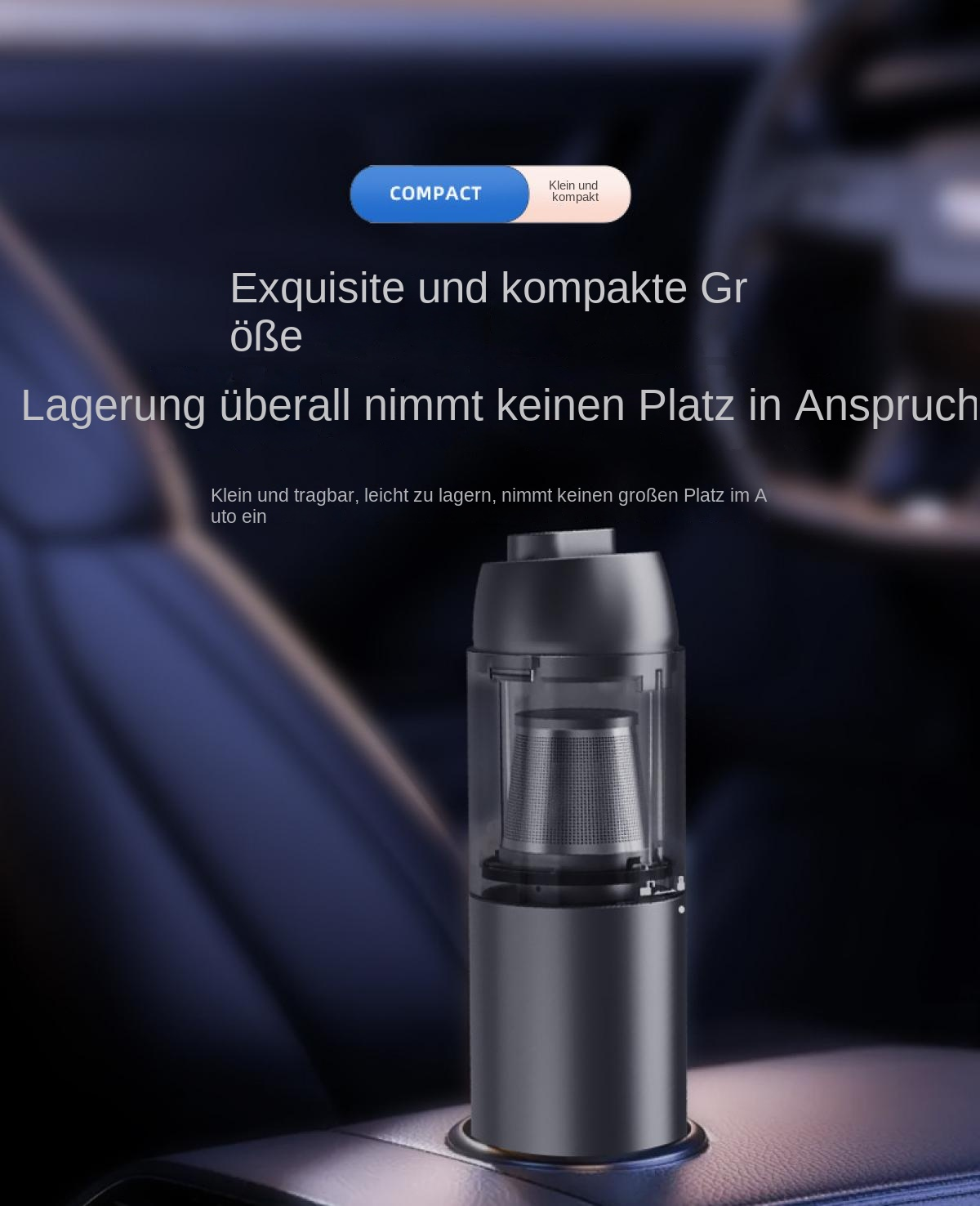 Ein kompakter, grauer Luftreiniger steht in einem Auto. Texte auf Deutsch.