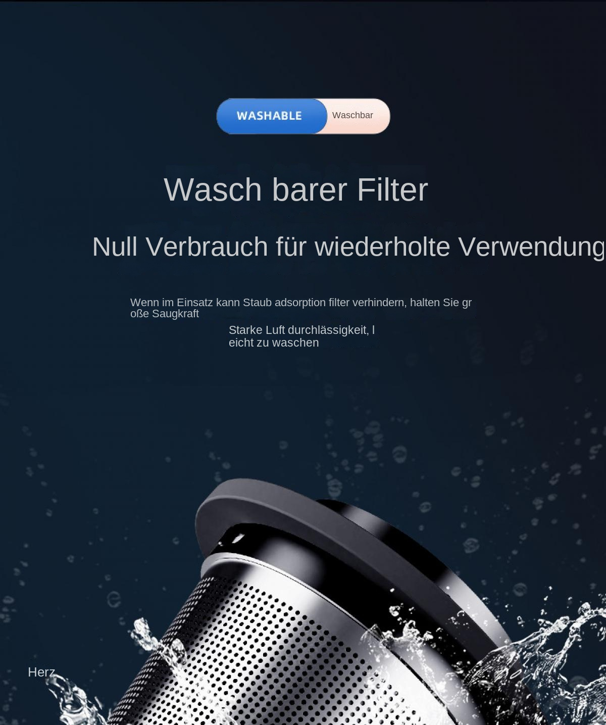 Ein waschbarer Filter mit Text, der erklärt, dass er wiederverwendbar ist.