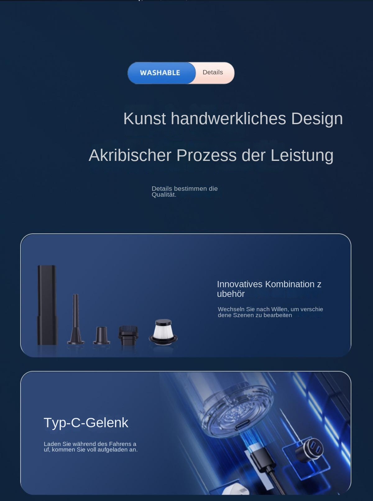 Ein dunkler Hintergrund mit Text und Produktbildern. Oben ist ein Staubsaugeraufsatz mit Zubehör.