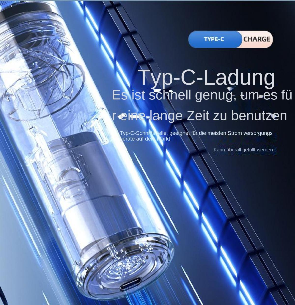 Transparenter Zylinder mit Typ-C-Ladeanschluss und blauen Lichtern.