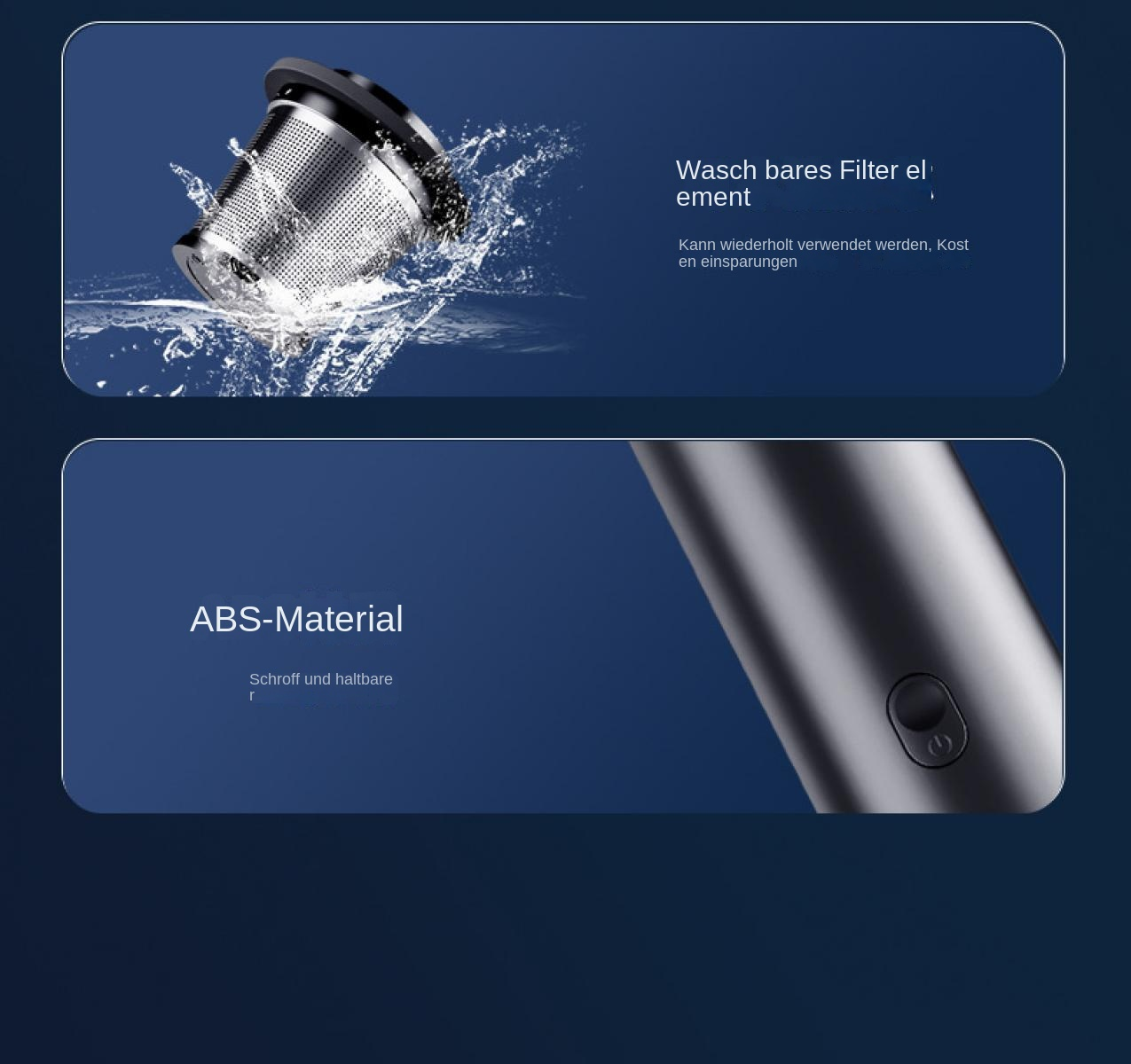 Ein waschbarer Filter spritzt Wasser. Ein ABS-Materialteil einer dunklen Röhre mit Knopf.