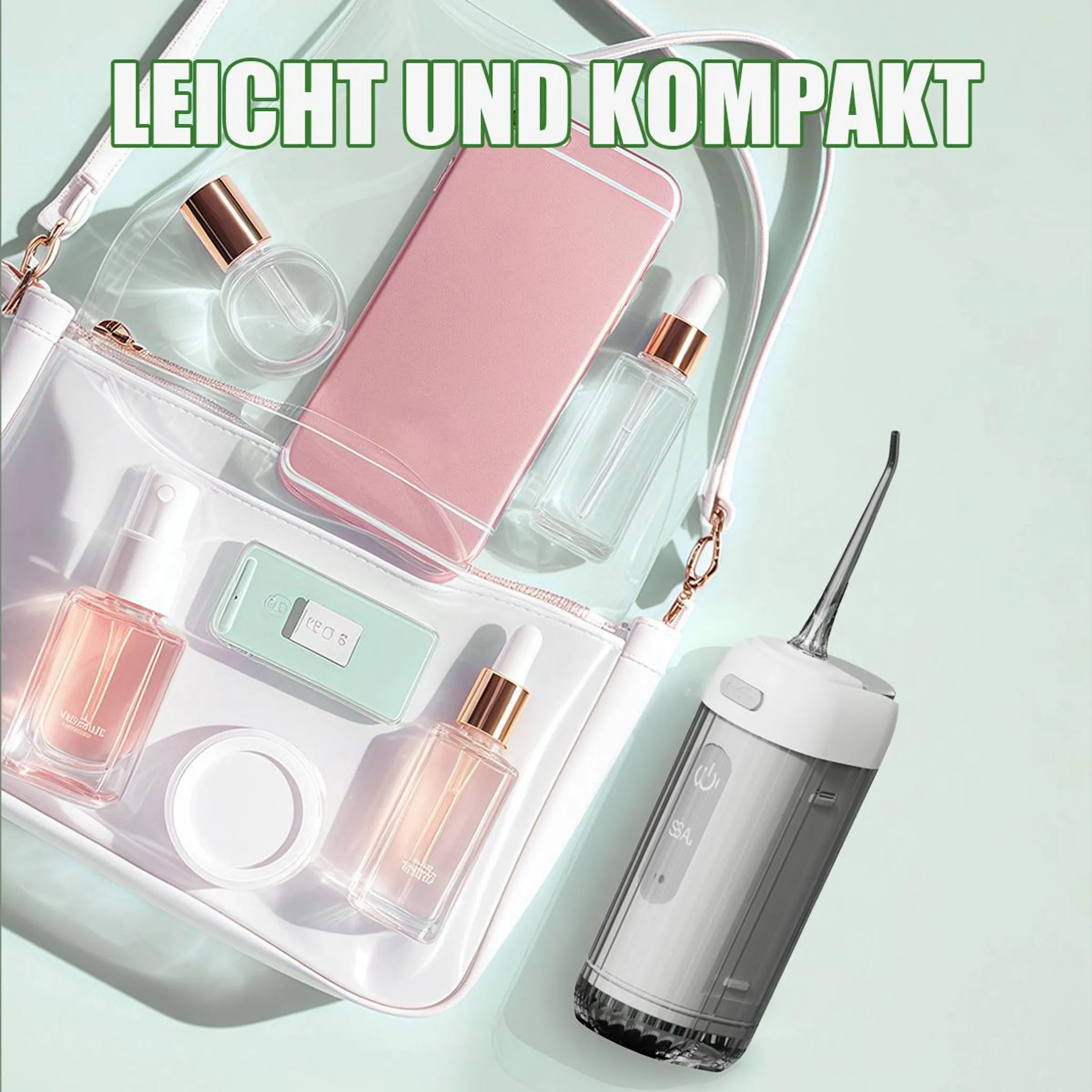Eine transparente Tasche mit Kosmetik, einem Handy und einem Mundpflegegerät.