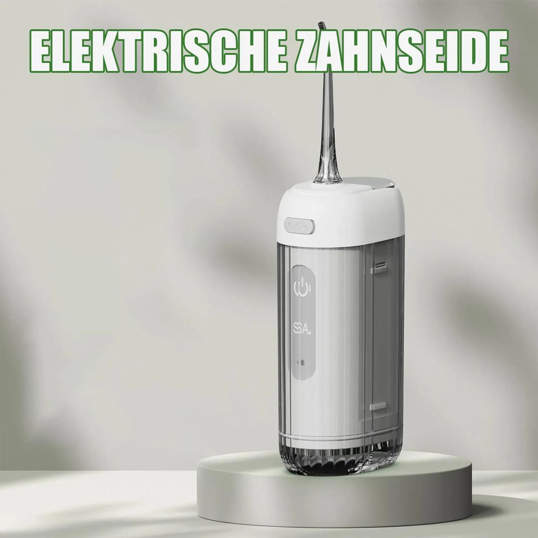 Elektrische Zahnbürste mit transparentem Tank auf einem Podest.