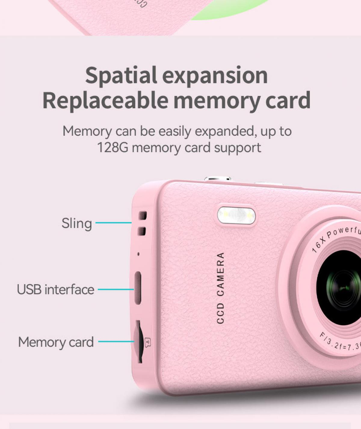Eine rosa Kamera mit Sling-, USB- und Speicherkartenanschlüssen.