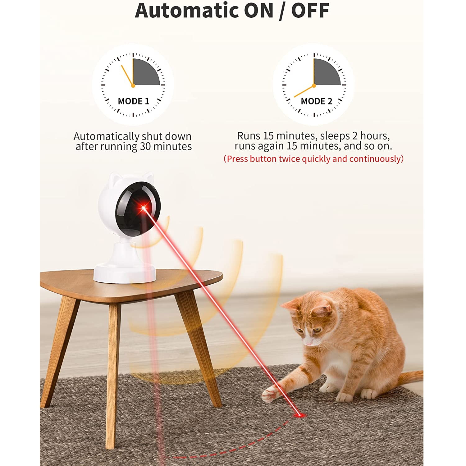 Ein weißer Katzenlaser-Spielzeug wirft roten Laserstrahl auf eine orangefarbene Katze auf einem Teppich.