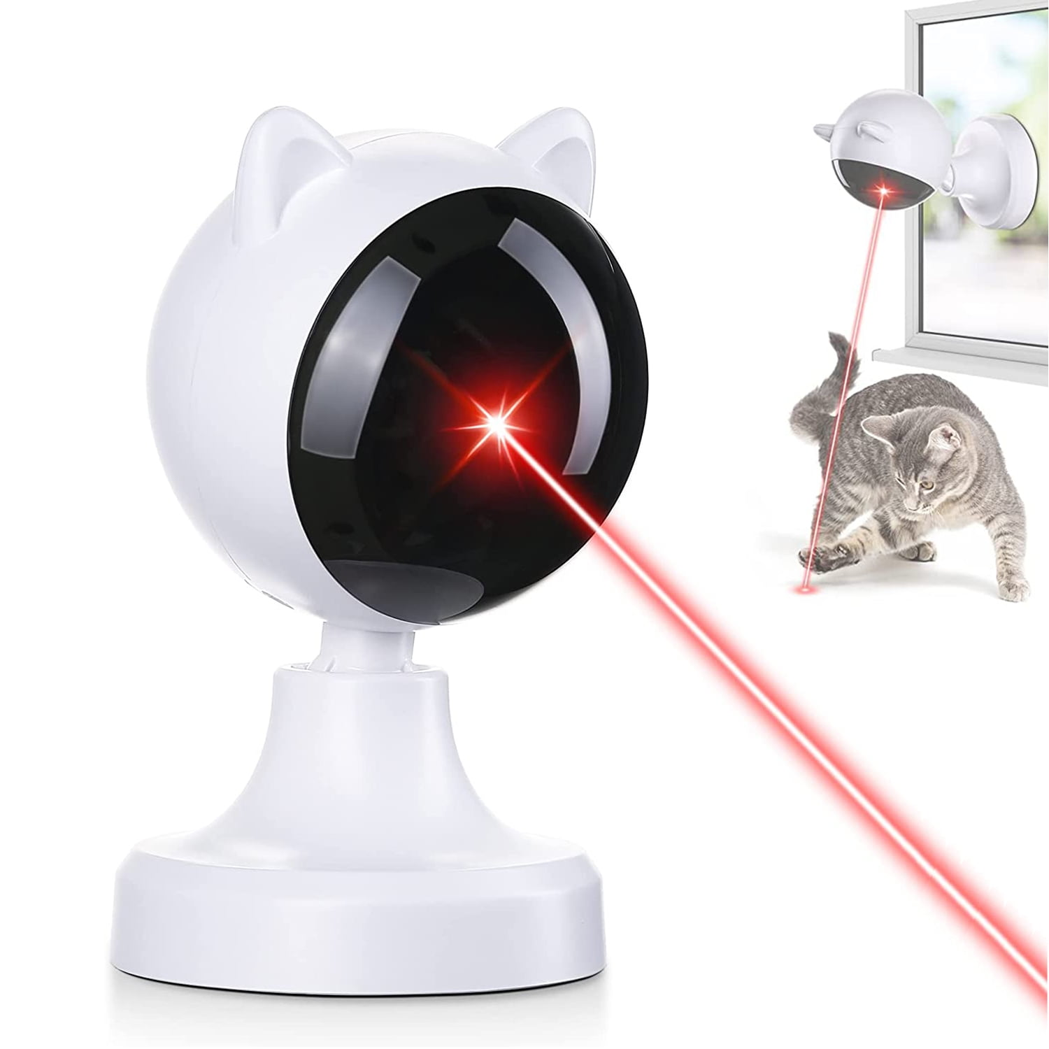 Weies Katzenspielzeug sendet roten Laser aus, eine graue Katze spielt damit.