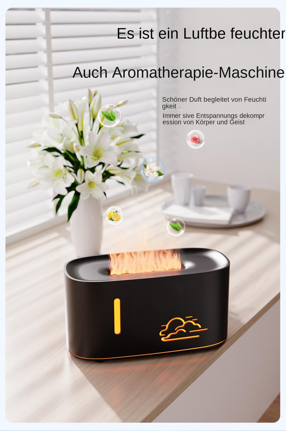 Schwarzer Aromadiffusor mit Flammen-Effekt, daneben weiße Lilien in Vase.
