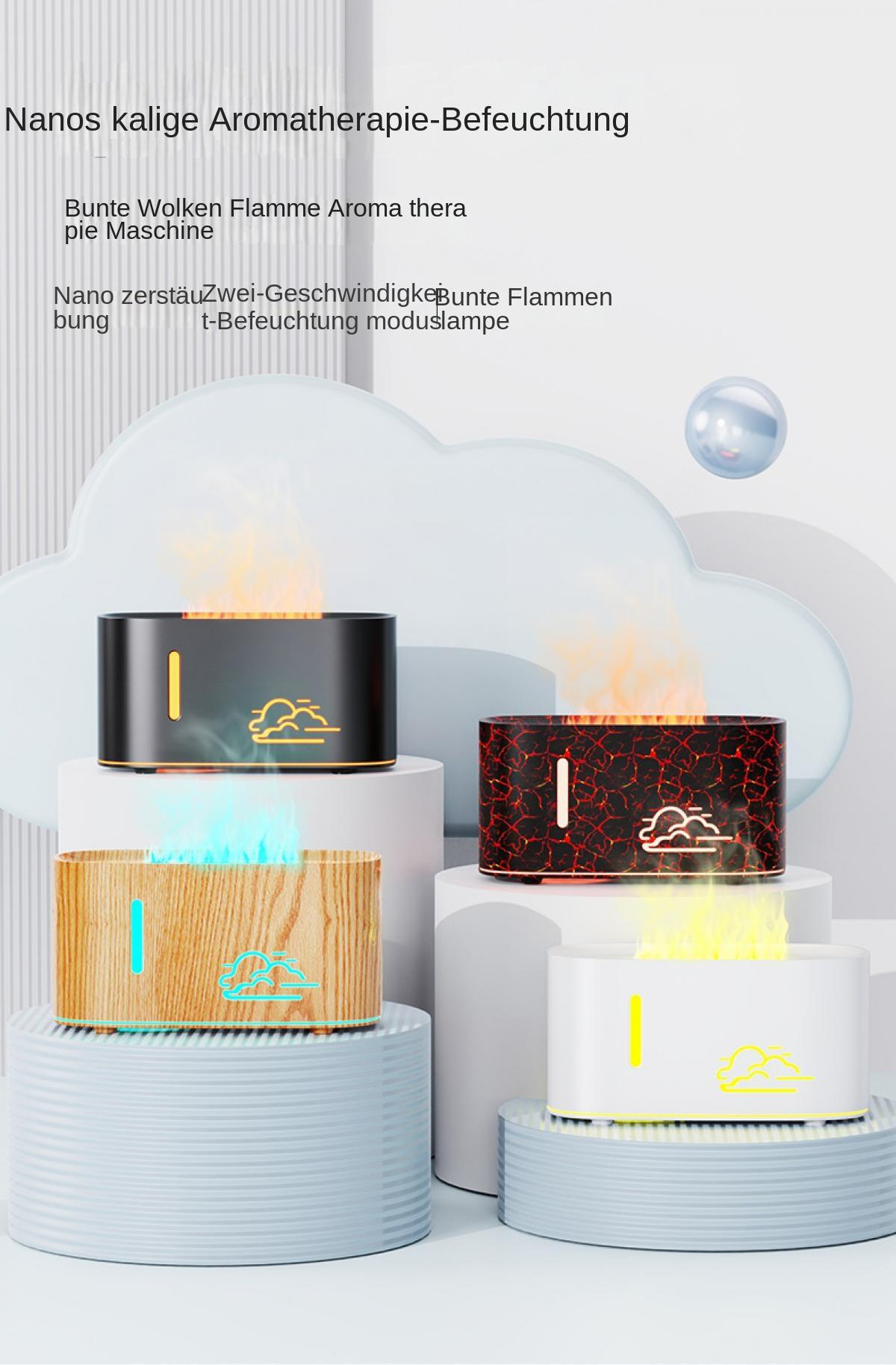 Vier Aromadiffusoren mit Flammen- und Wolkenlichteffekten in verschiedenen Farben.