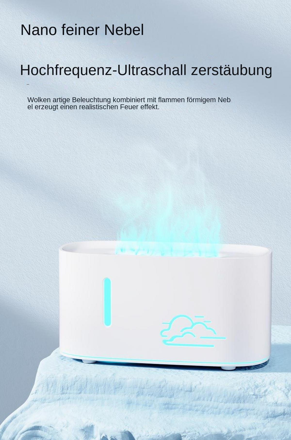 Ein weißer Diffusor erzeugt bläulichen Nebel, der wie Feuer aussieht.