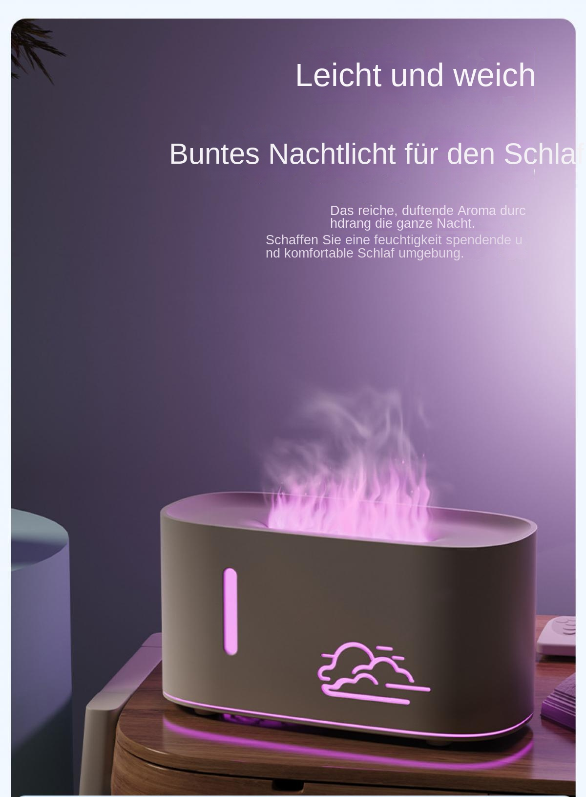 Ein dunkler Diffusor mit lila Flammen und Wolkensymbol. Leicht und weich.