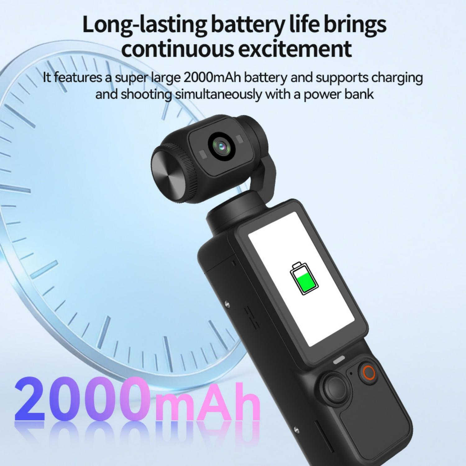 Schwarze Gimbal-Kamera mit 2000mAh-Akkusymbol auf dem Bildschirm. Uhrenhintergrund.