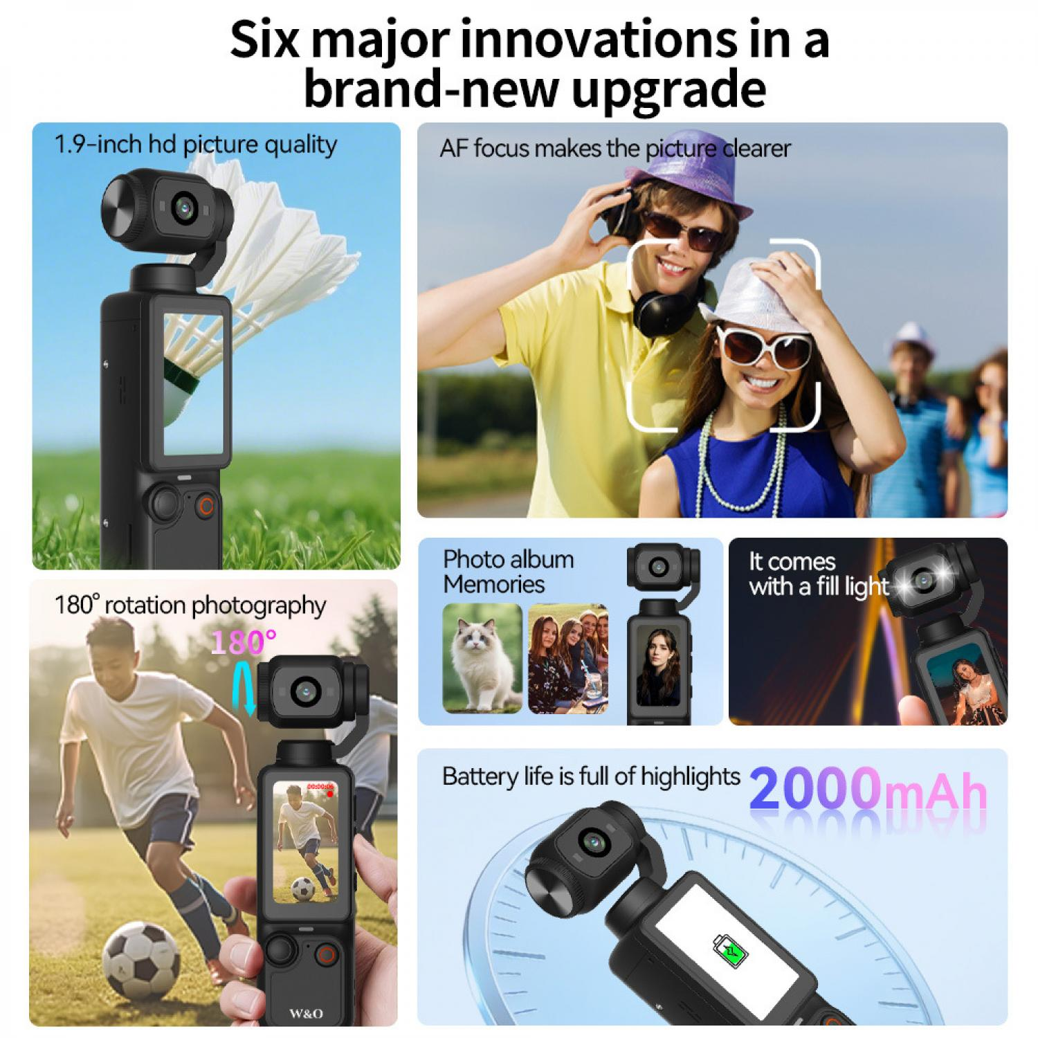 Collage zeigt Kamerafunktionen: 1,9-Zoll-Bildschirm, AF-Fokus, 180°-Drehung, Fülllicht, 2000mAh Akku.
