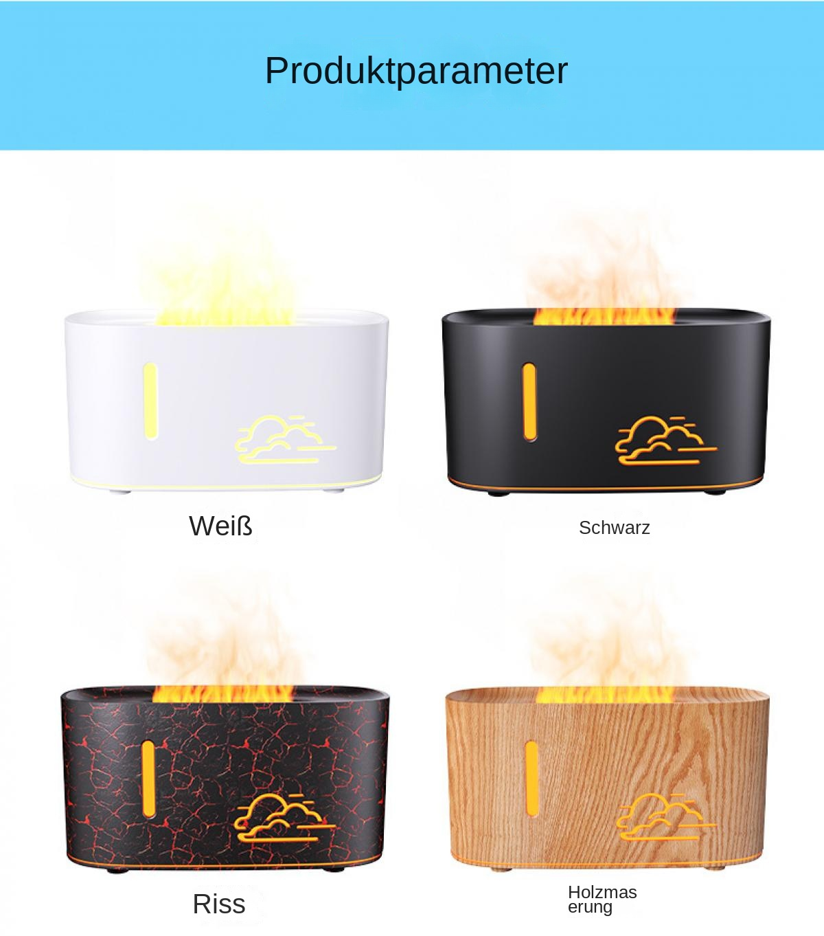 Vier Aromadiffusoren mit Flammen-Effekt in Weiß, Schwarz, Rissmuster und Holzoptik.