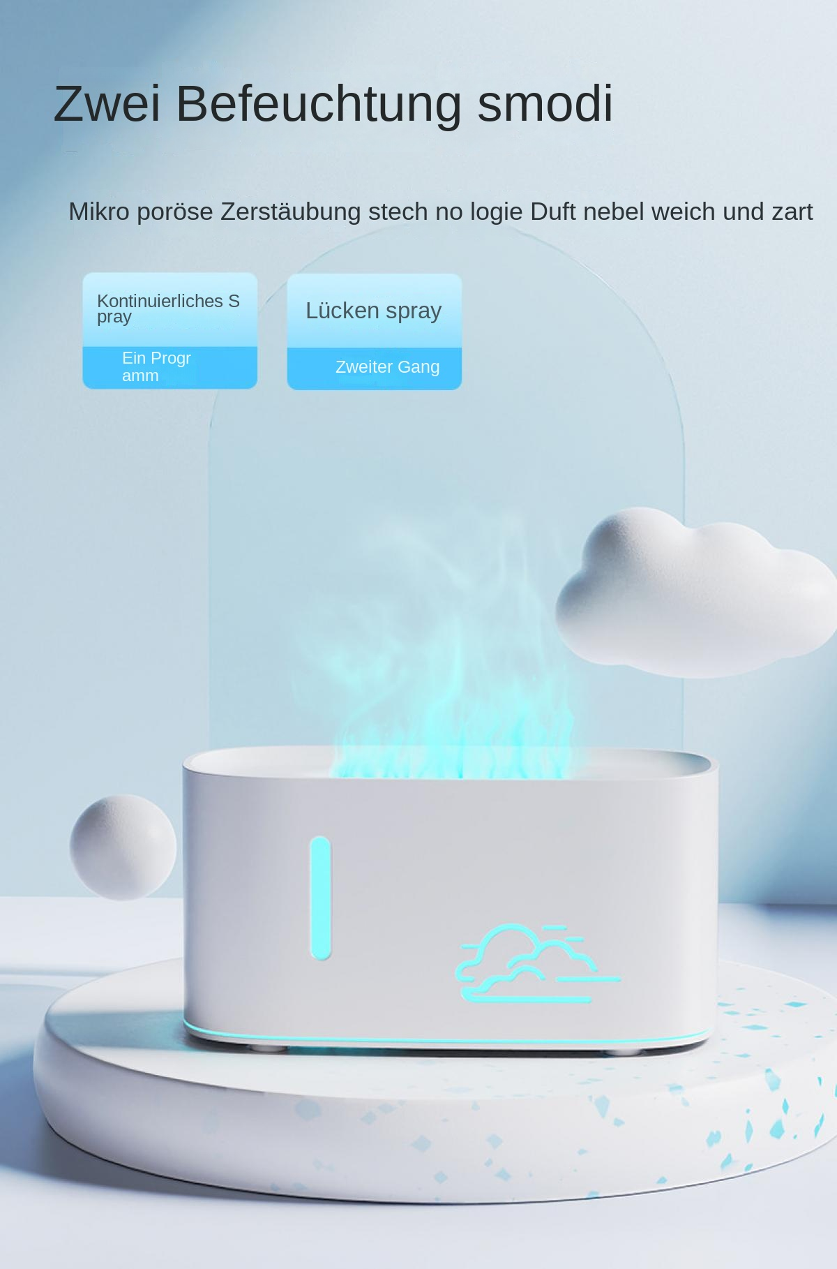 Ein weißer Luftbefeuchter mit blauem Nebel, Wolken-Symbol und Text.