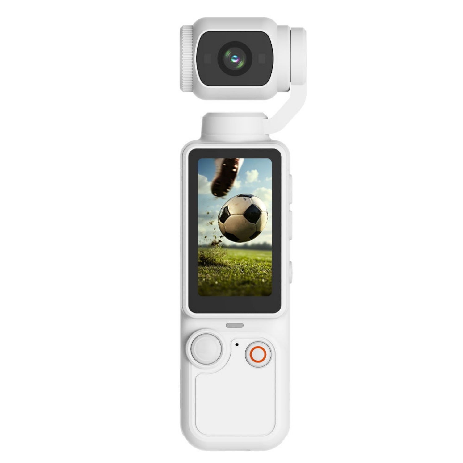 Ein weißer Gimbal-Kamerastabilisator mit Bildschirm, der einen Fußball zeigt.