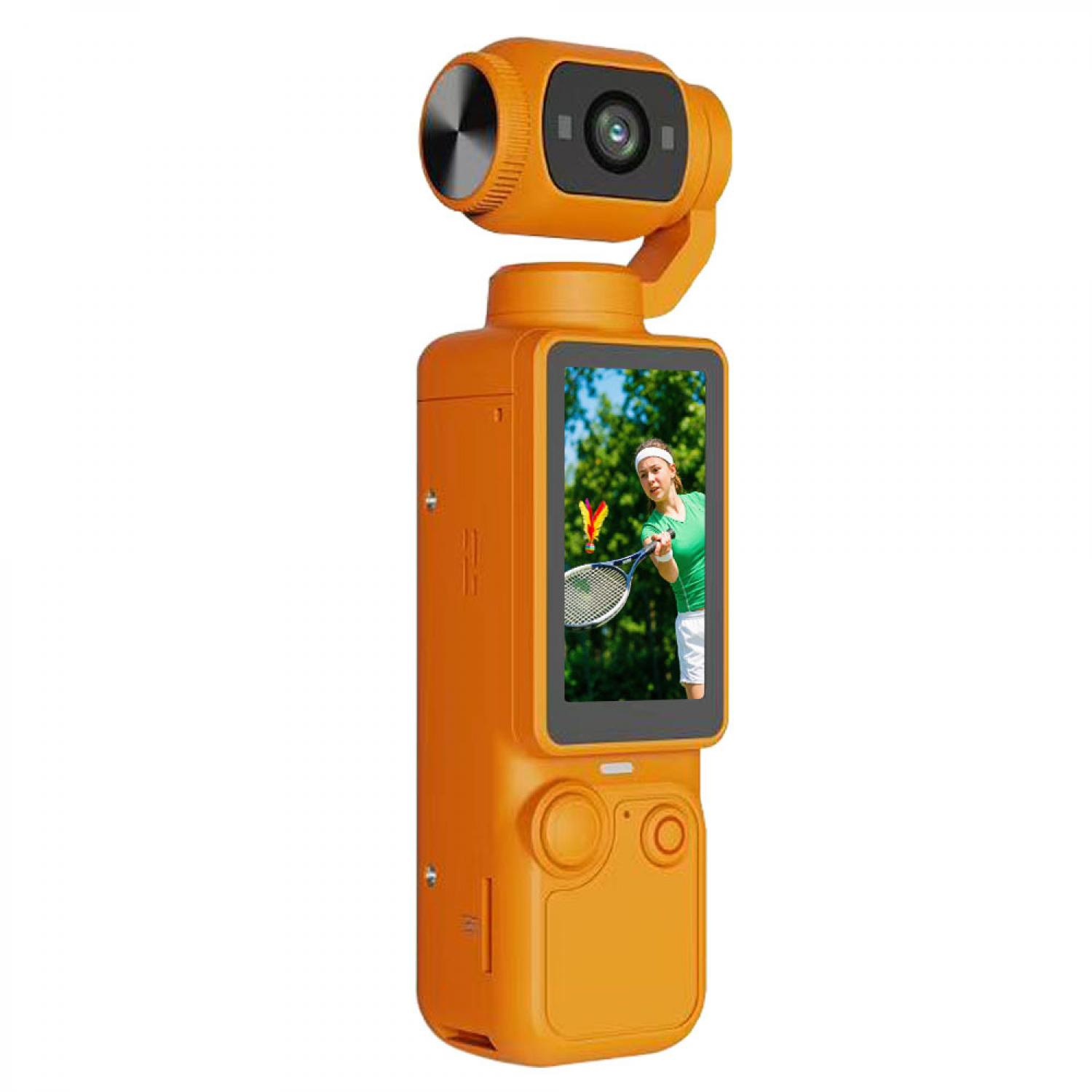 Ein orangefarbener Gimbal mit Bildschirm, der eine Tennisspielerin zeigt.