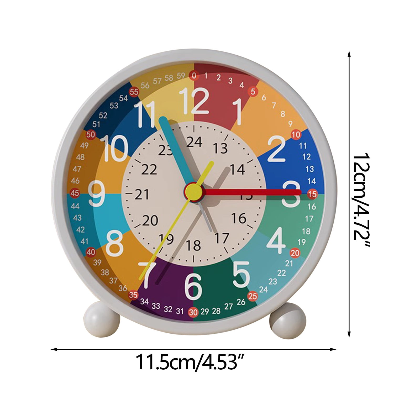 Ein bunter Wecker mit Zahlen von 1-24 und 1-60.
