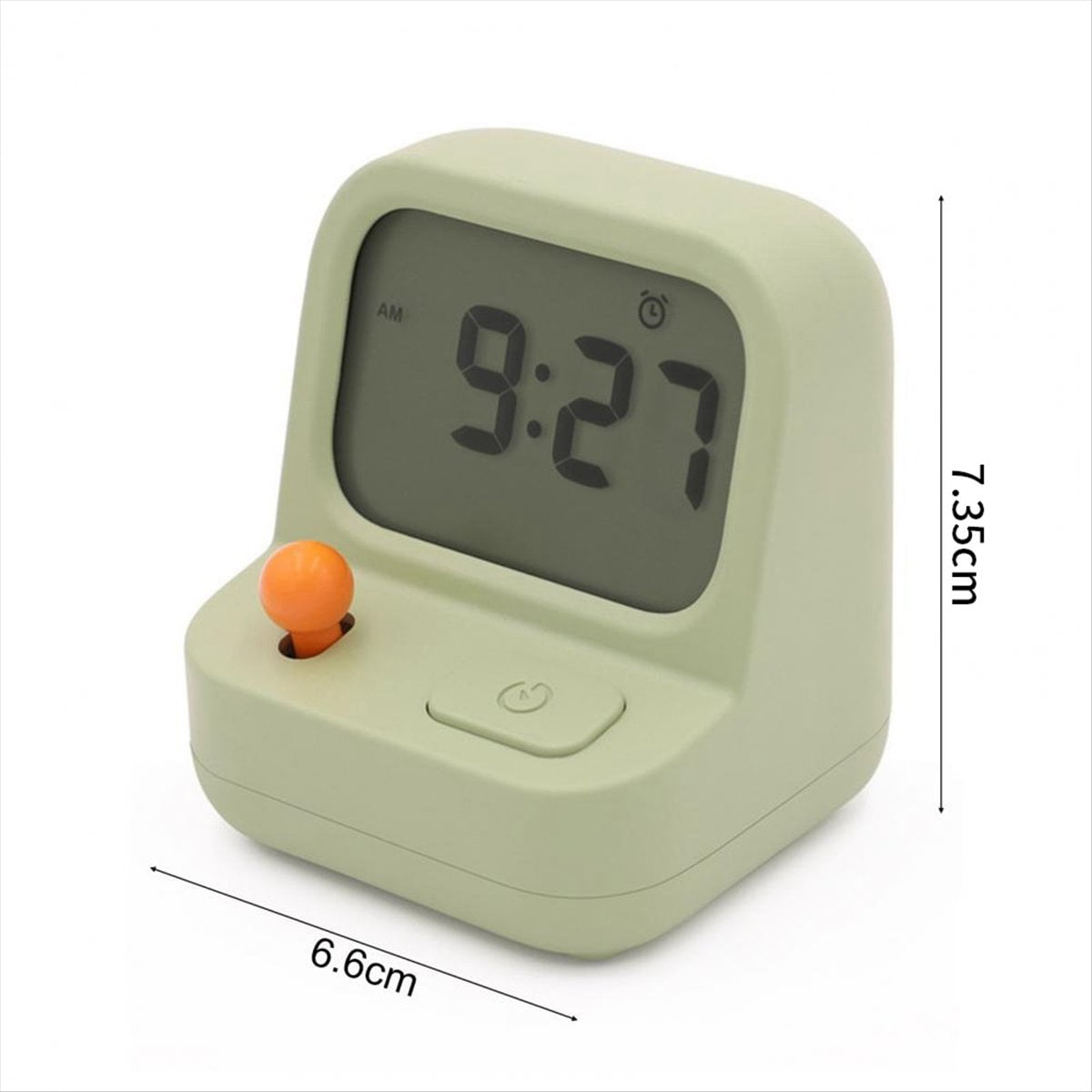 Ein hellgrüner Digitalwecker zeigt 9:27 Uhr an. Er hat einen orangen Knopf und eine Taste.