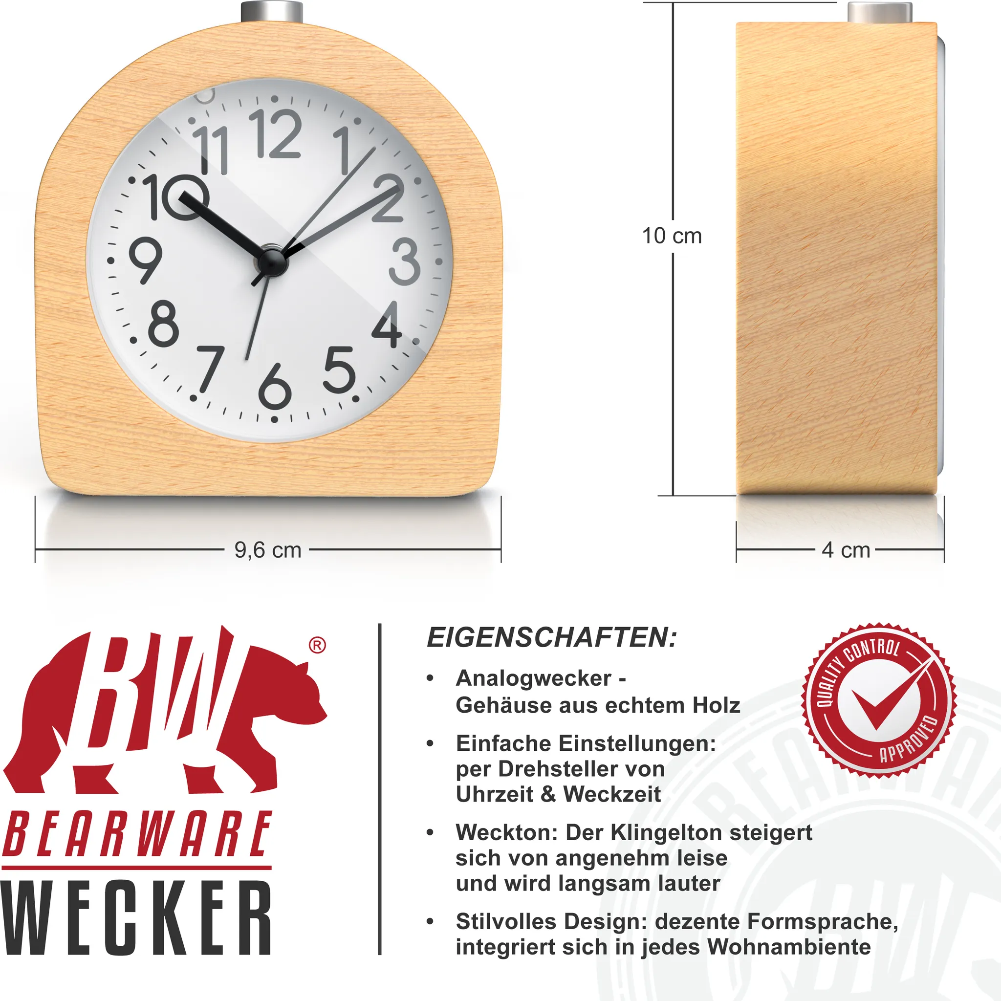 Ein runder Holzwecker mit analoger Anzeige und schwarzen Zeigern.
