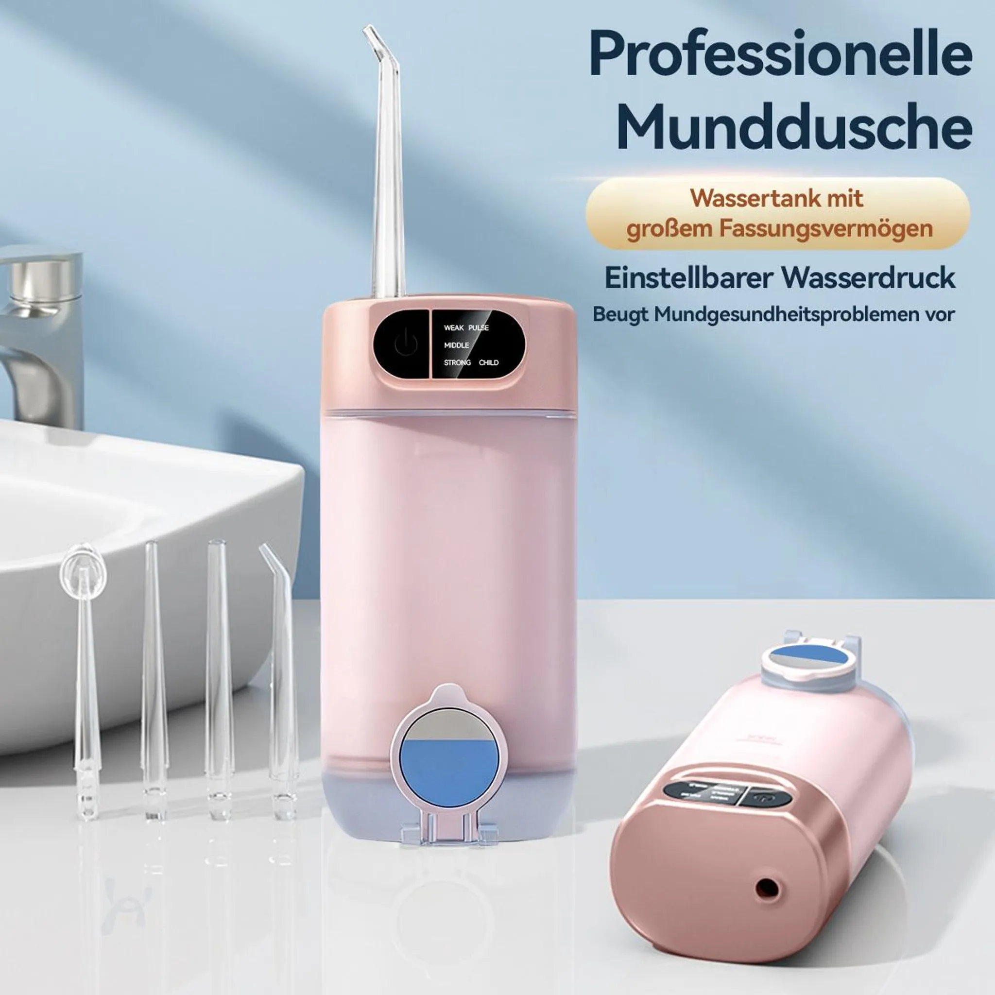 Rosa Munddusche mit Zubehör und Wasserhahn im Hintergrund.