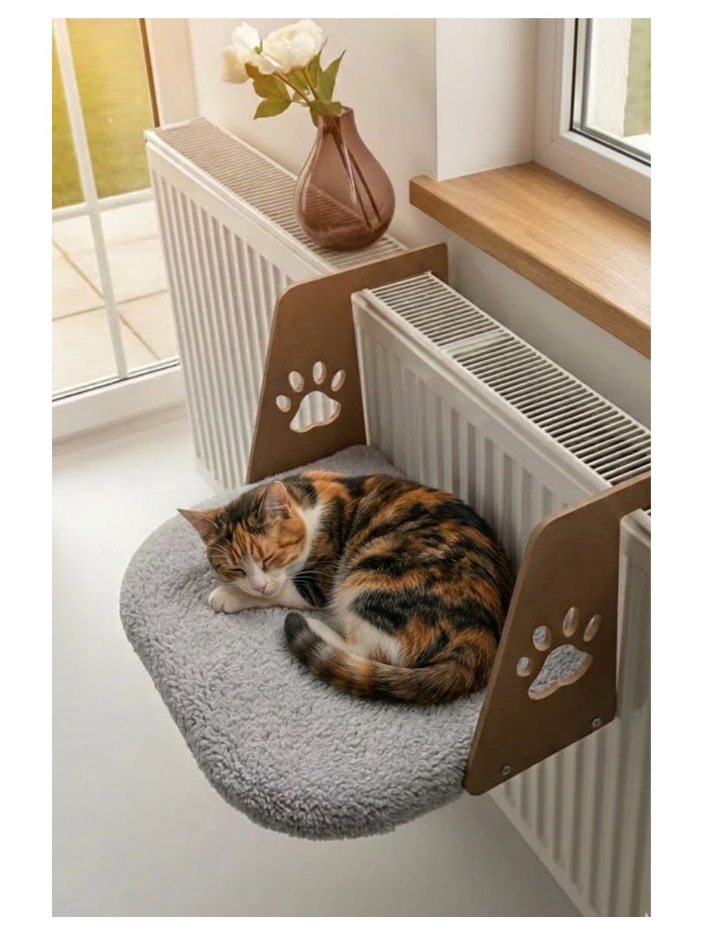 Benekli bir kedi, radyatöre takılı gri yastıkta kıvrılmış uyuyor.