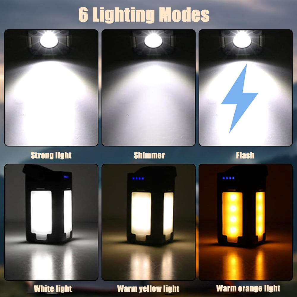 Sechs Lichtmodi: Stark, Schimmer, Blitz, Weiß, Warmgelb, Warmorange.