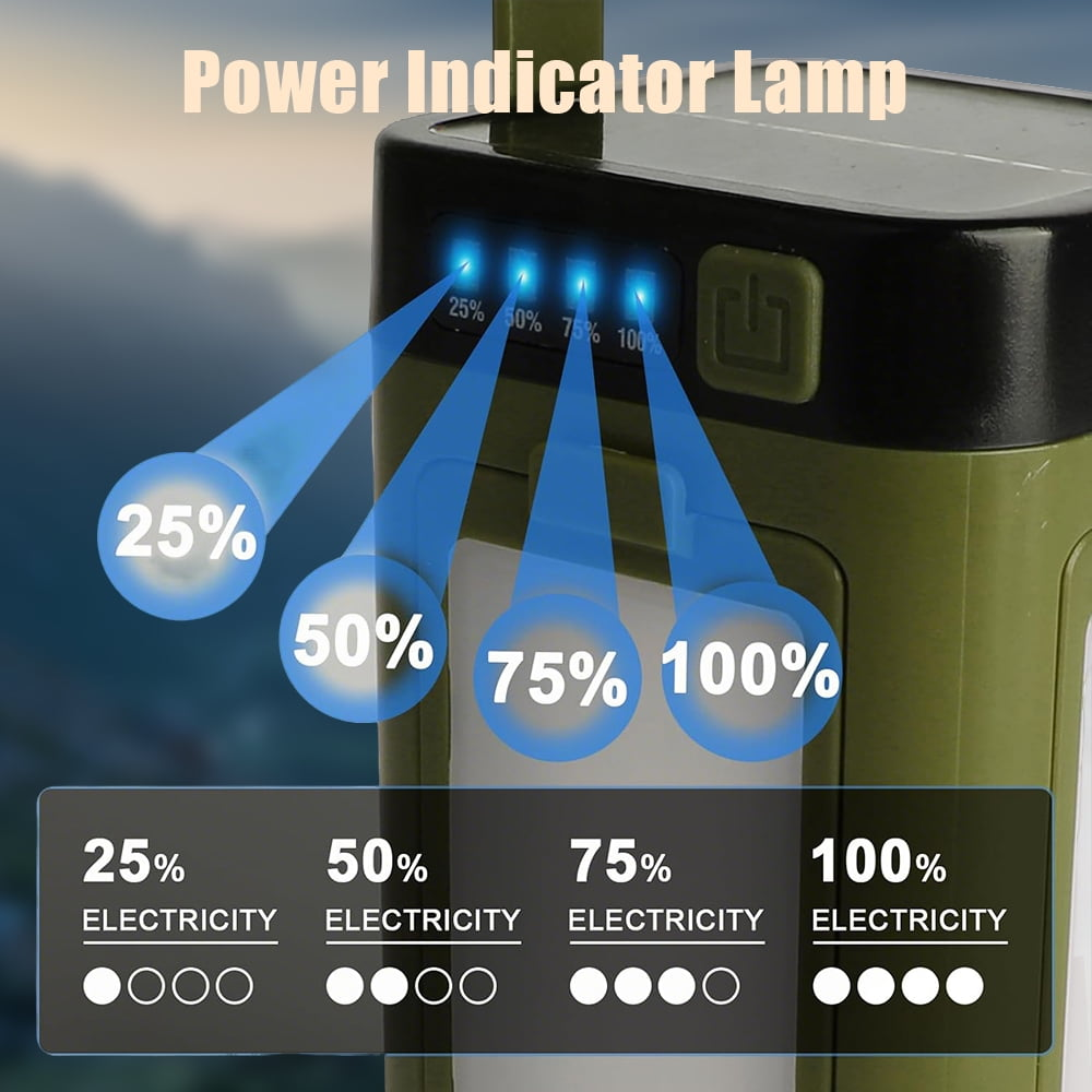 Grüne Lampe mit Ladeanzeige: 25%, 50%, 75%, 100% Strom.