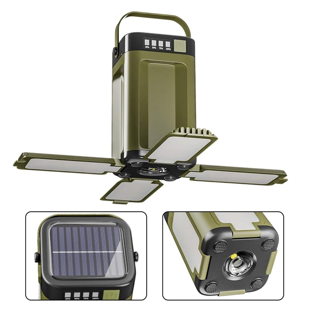 Grüne Campinglaterne mit Solarmodul und verstellbaren Lichtpaneelen.