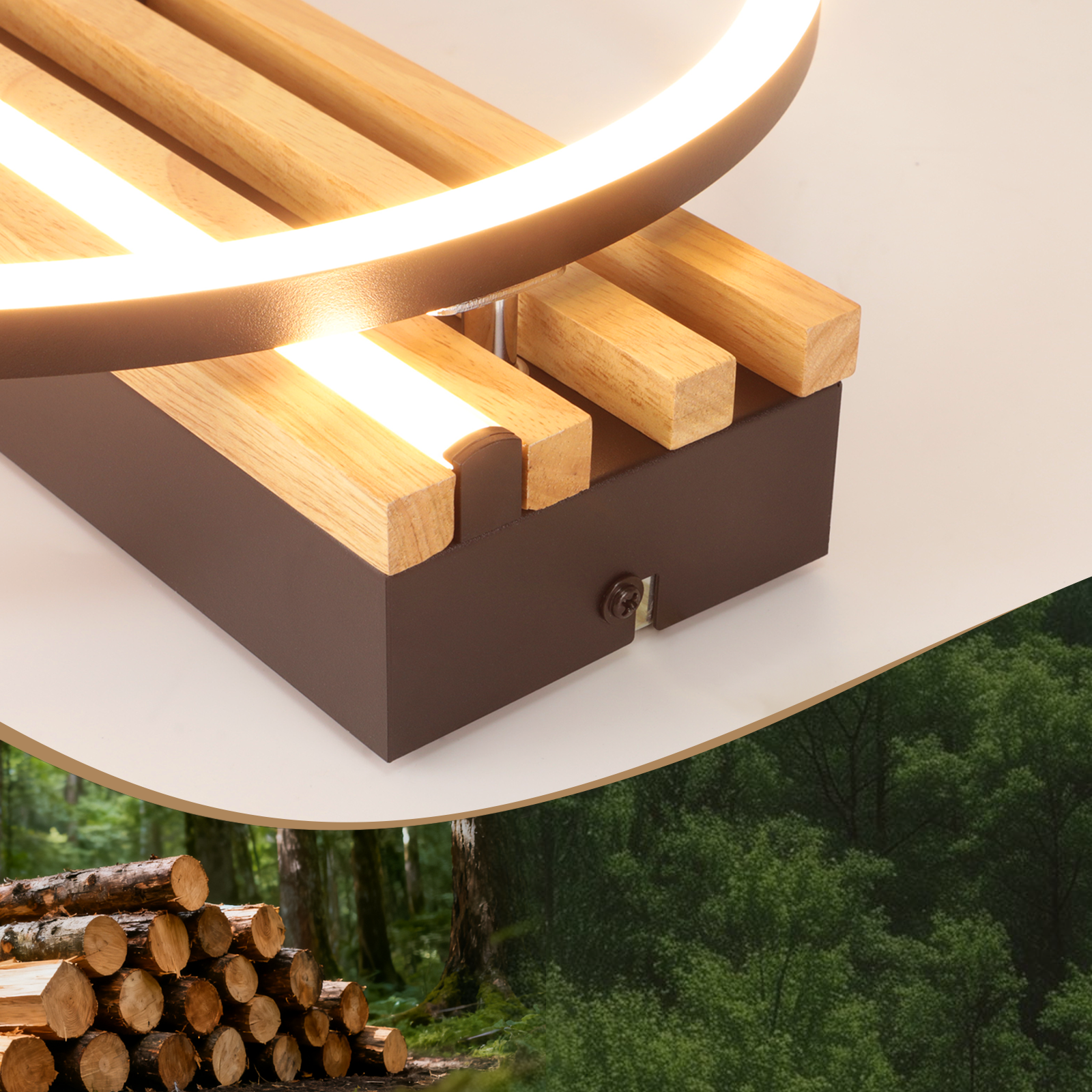 Lampada in legno con luce LED sopra tronchi in una foresta.
