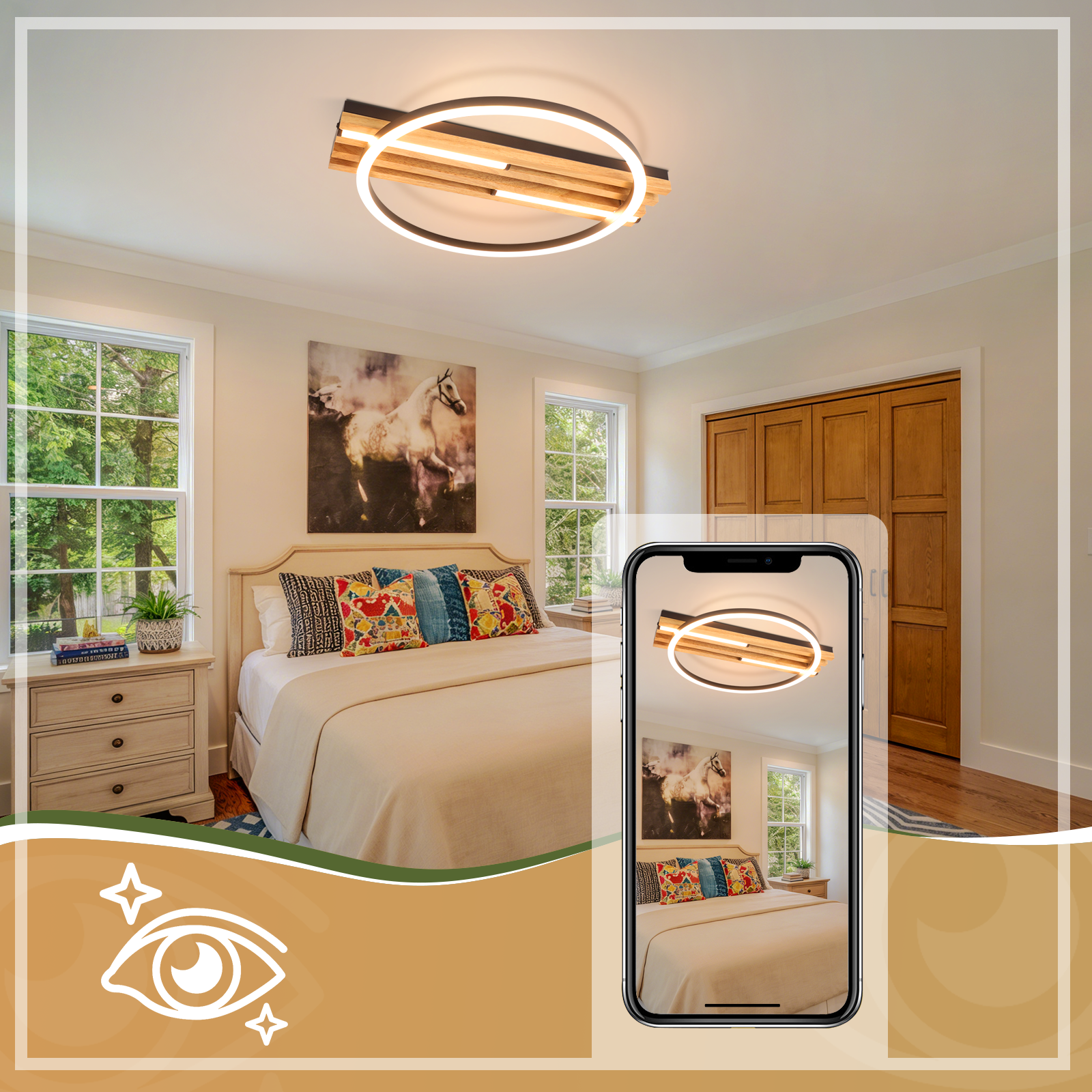 Una camera da letto con letto, opere d'arte e una luce mostrata su un telefono.