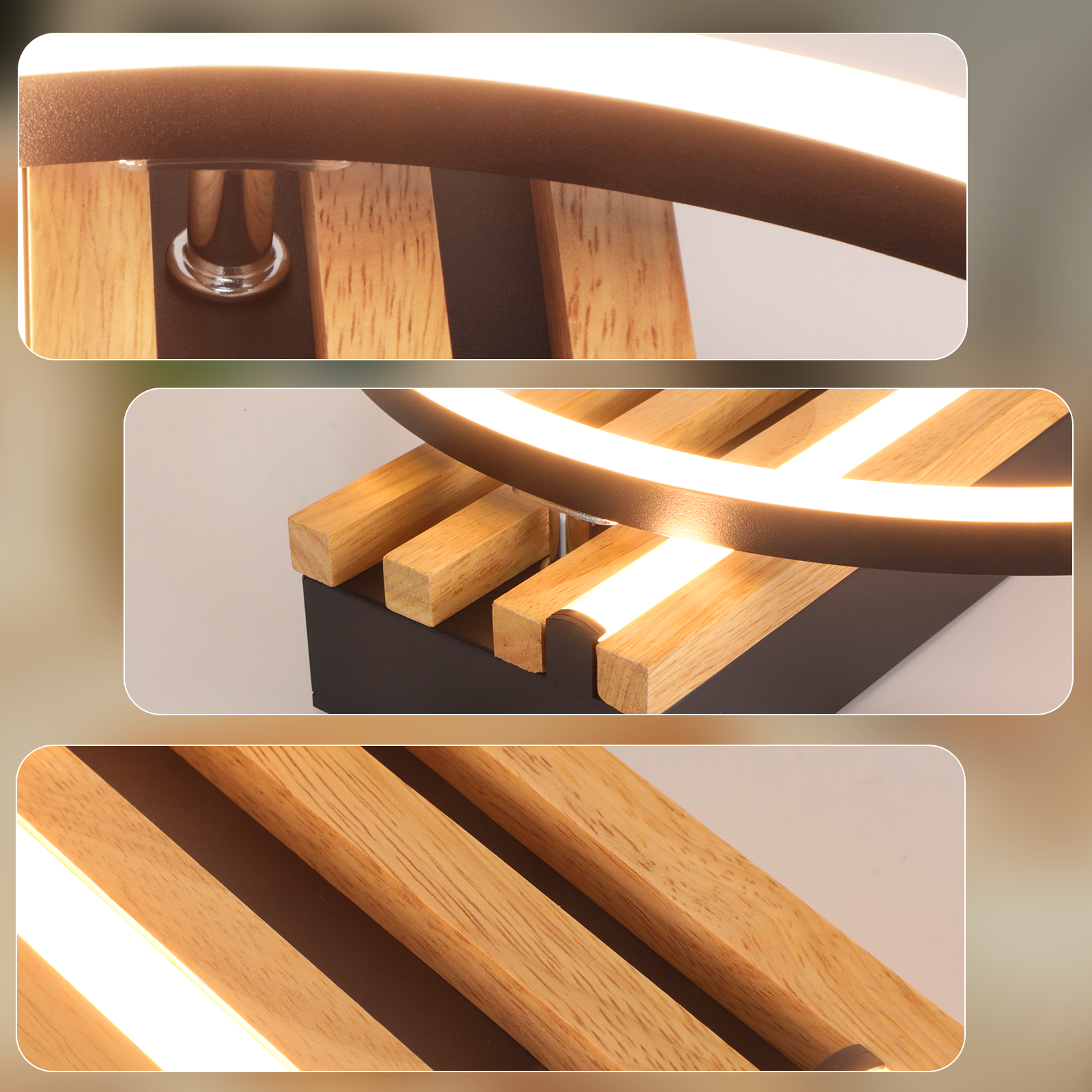 Primo piano di una lampada con doghe in legno e illuminazione a LED.
