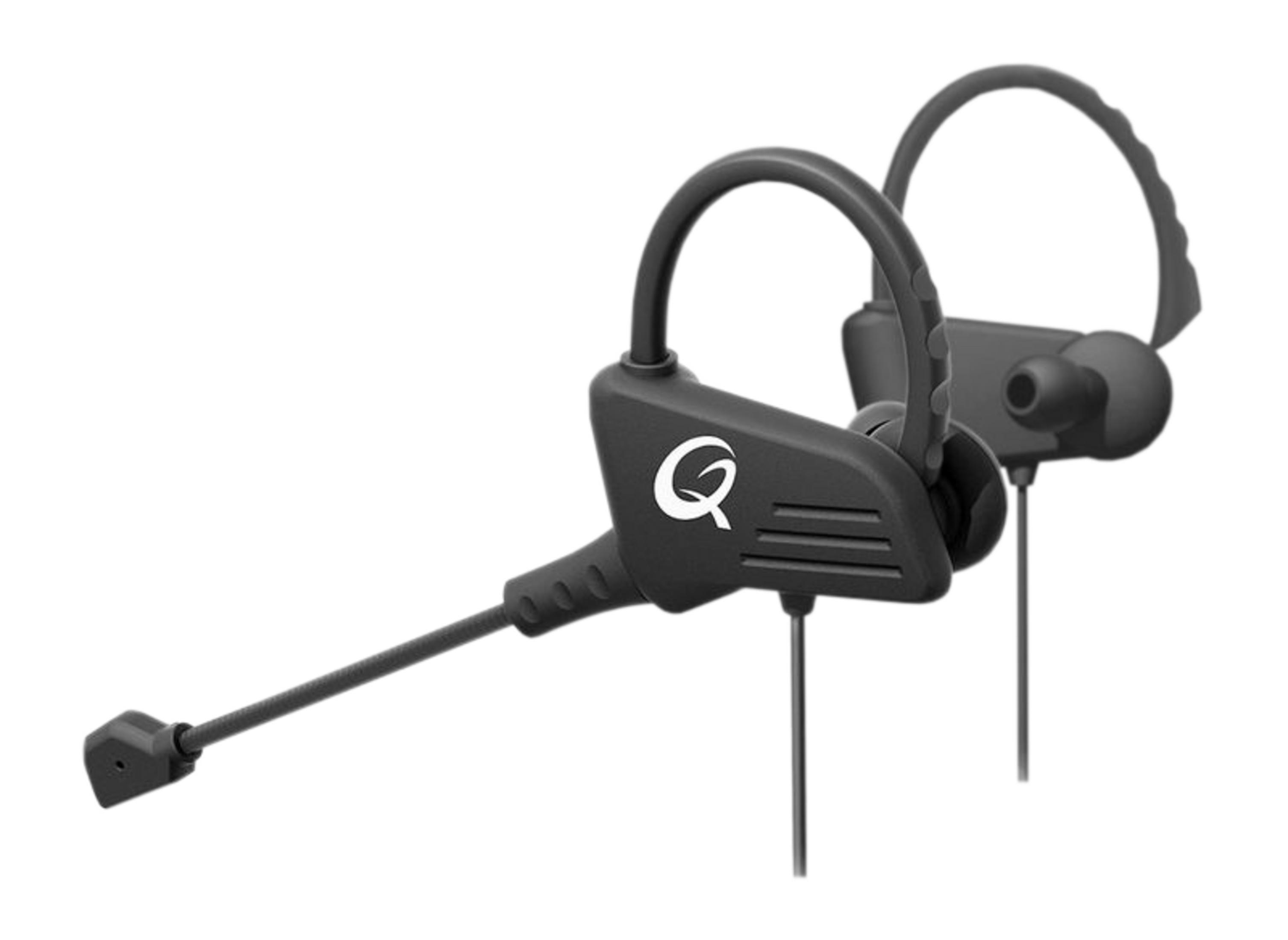 Czarny zestaw słuchawkowy z mikrofonem, zaczepami na ucho i logo Q.