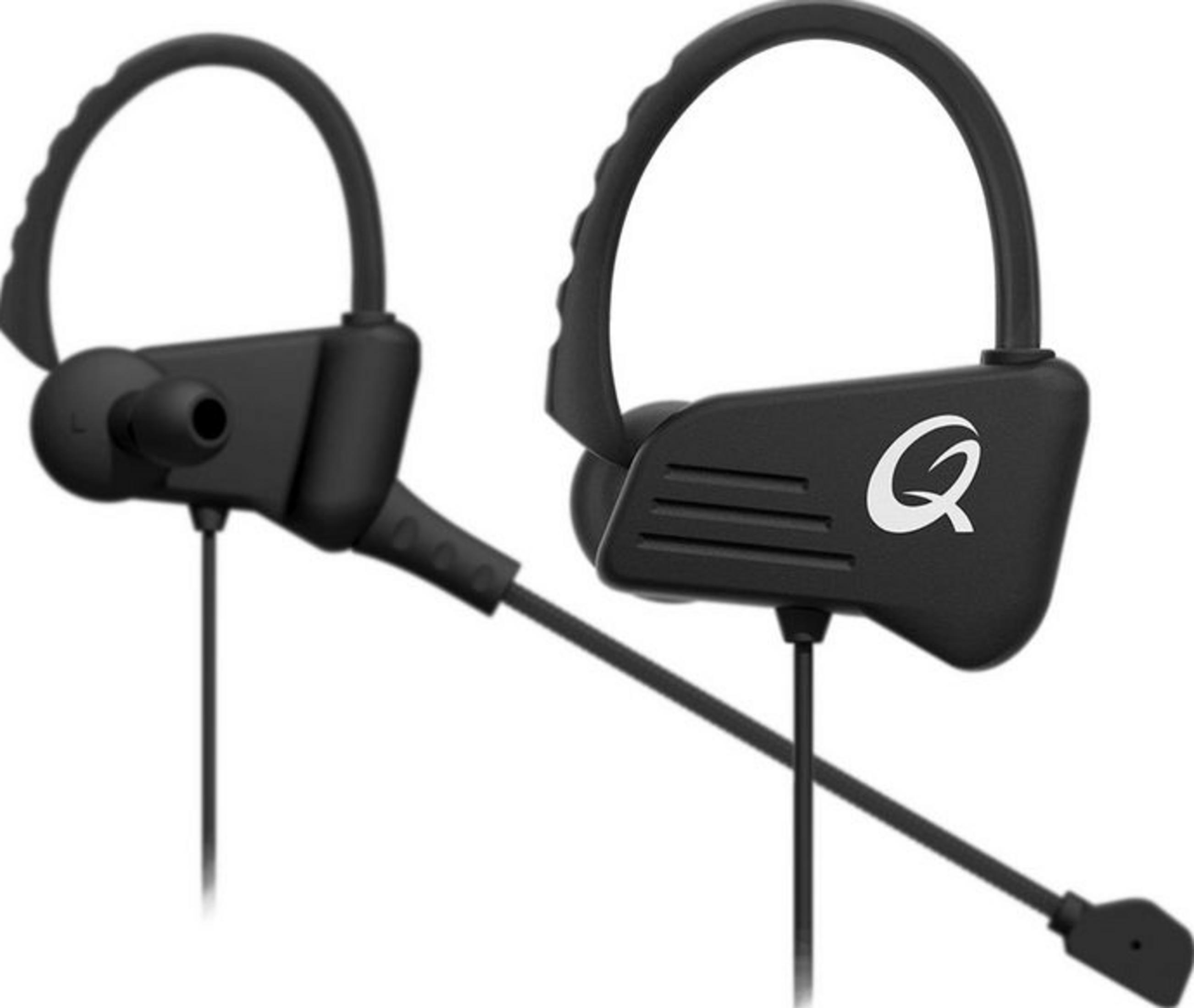Dwa czarne słuchawki z zaczepami na uszy i mikrofonami na białym tle.