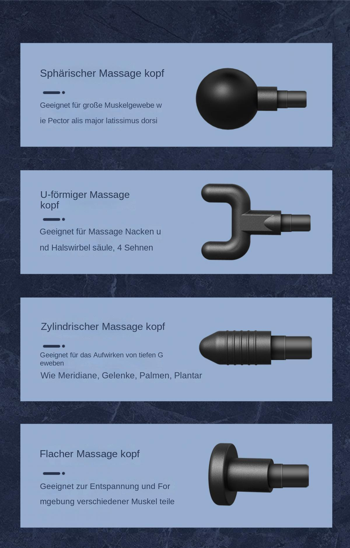 Vier Massageköpfe: rund, U-förmig, zylindrisch, flach.