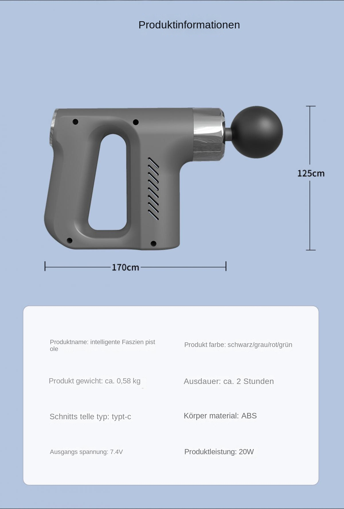 Graue Massagepistole, 170cm lang, 125cm hoch. Daten unten.
